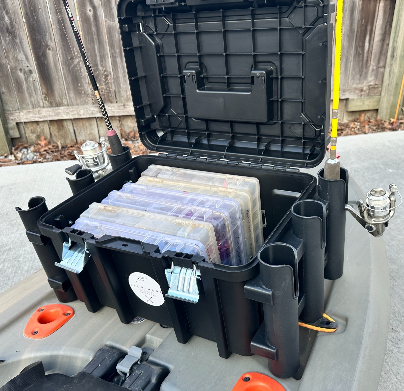 Kayak Fishing Crate -6 Integrated Rod Pole Holders, Tackle Box Storage, Lockable