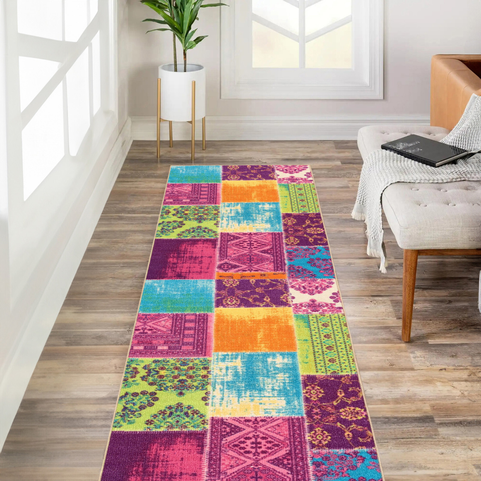 Custom Size Stair Hallway Runner Rug Rubber Back Non Slip Multicolor Patchwork
