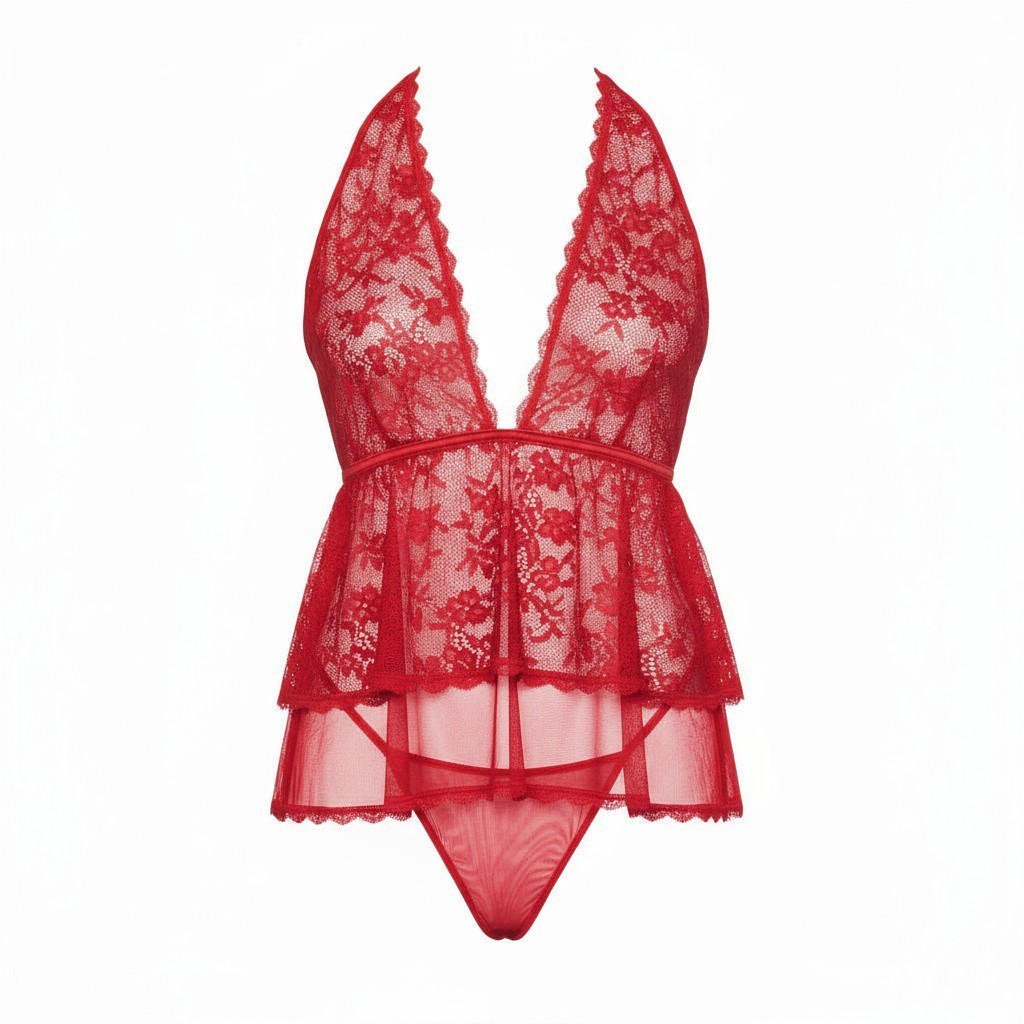 Victoria’s Secret Lace Tulle Plunge Babydoll Set | Bright Vermillion Red