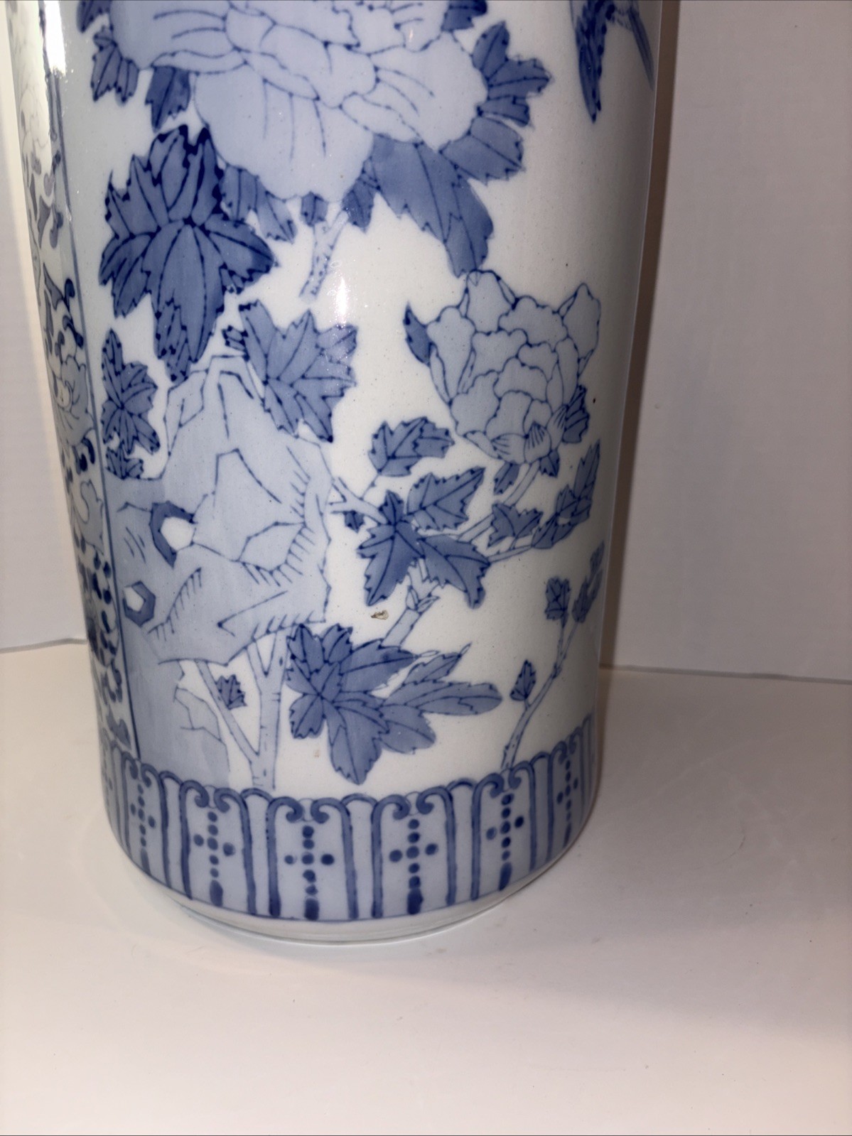 Vintage Umbrella Stand Blue and White Greek Key Chinoiserie Birds Chinese 18”