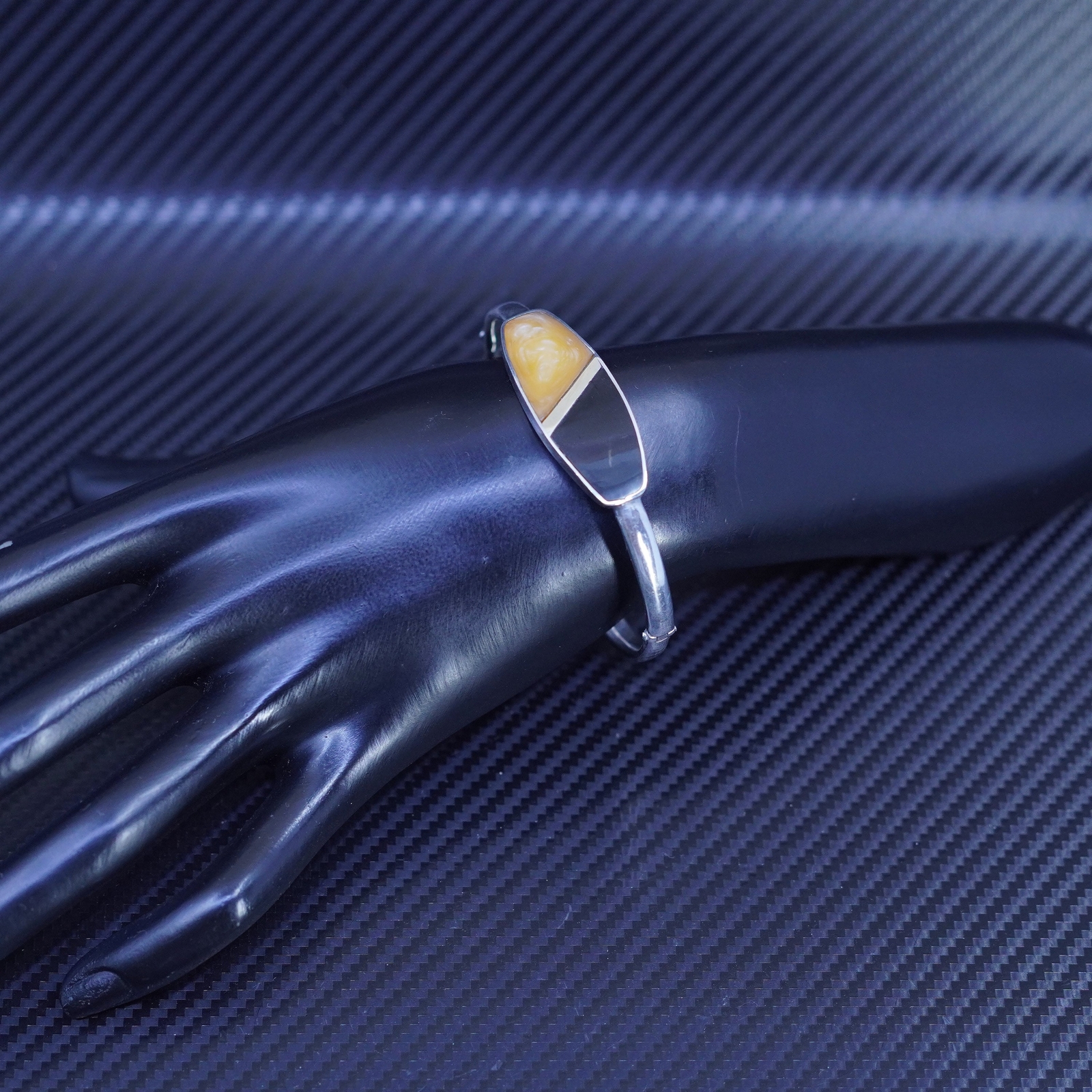 Mexican Sterling Silver 925 Hinged Bangle Bracelet 6.5 Black