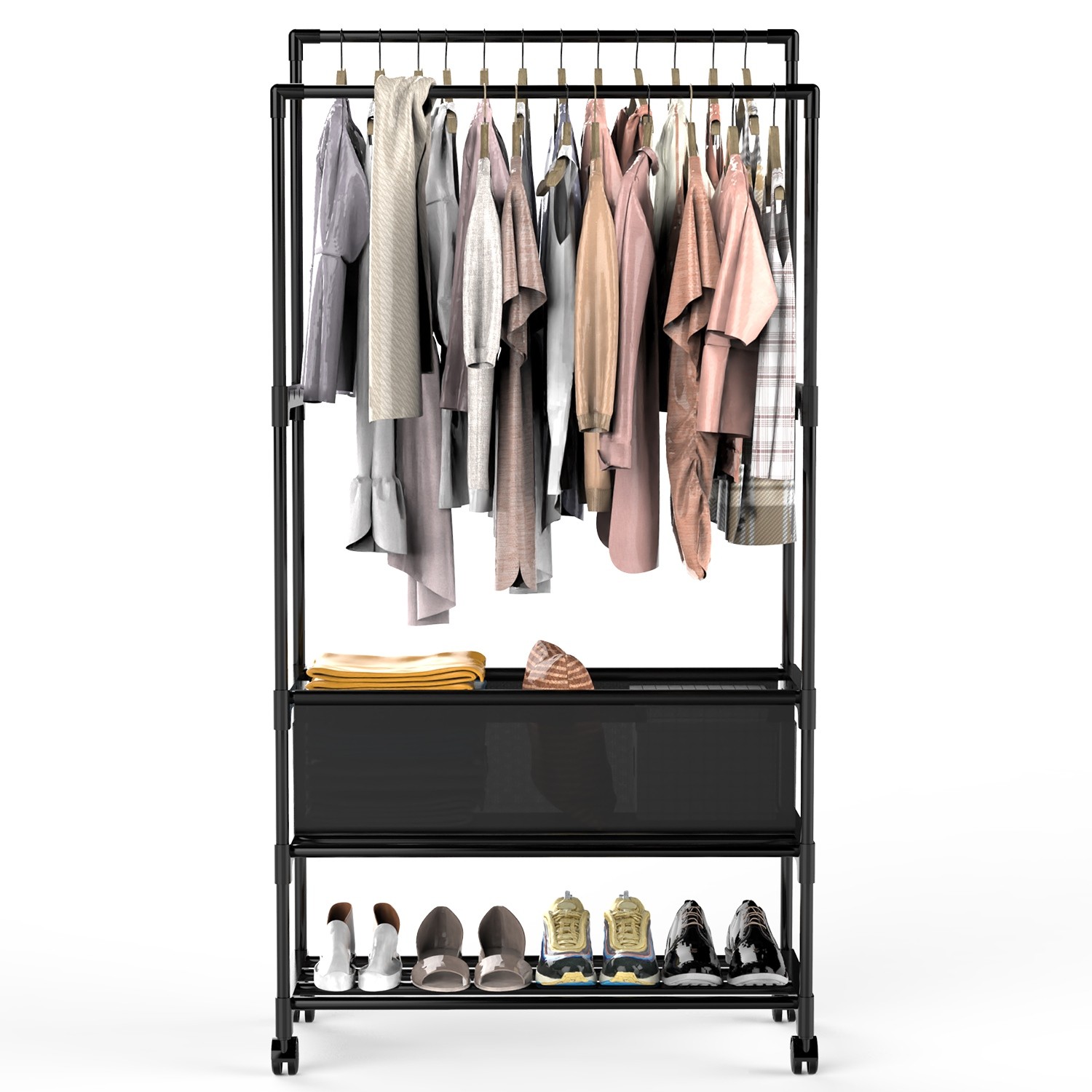 3-Tiered Garment Rack w/ Storage Bag Rolling Clothes Organizer Dual Rods Hanging