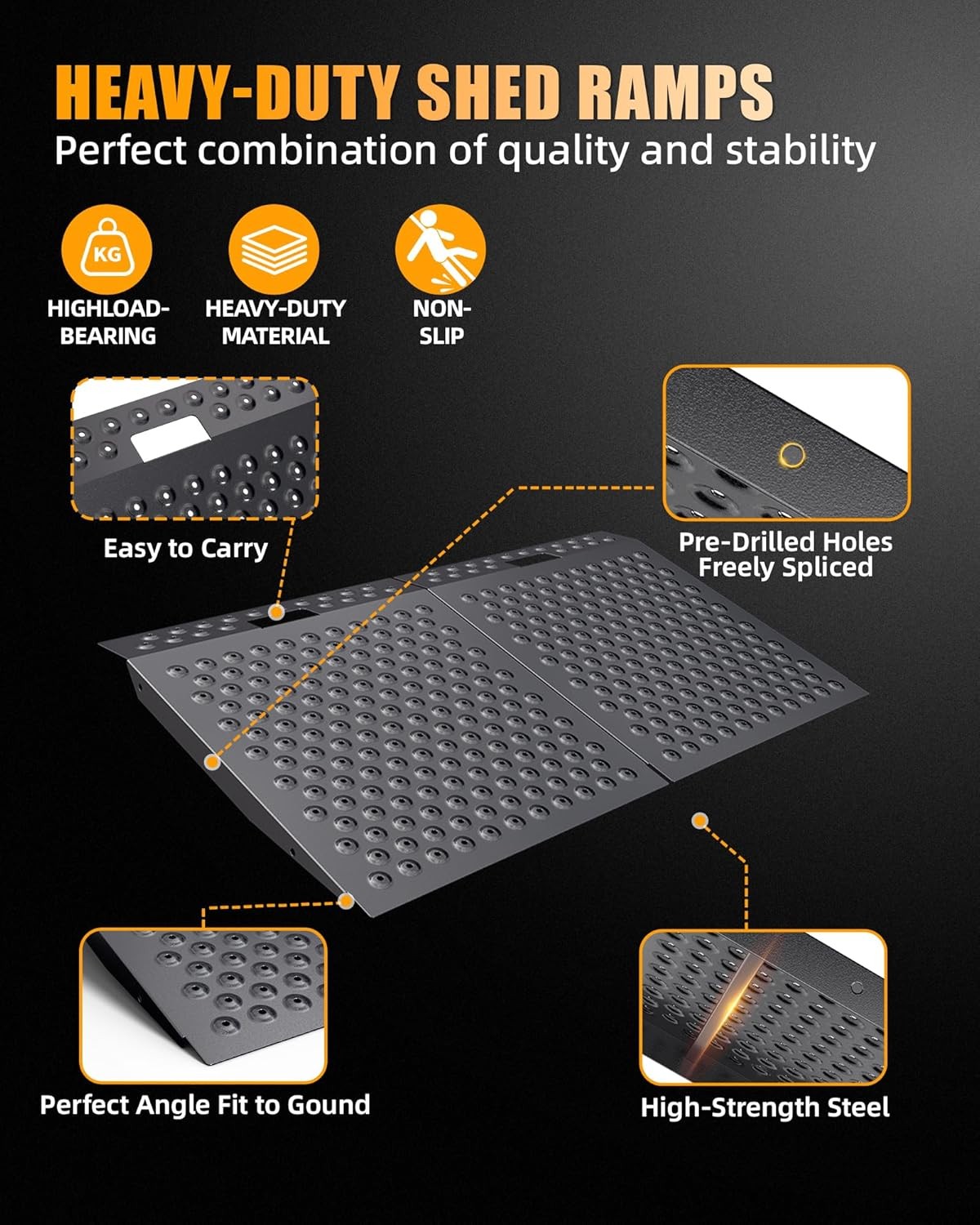 VNN 29" x 48" Shed Ramp for Riding Mower Anti-Slip Punch Plate Ramp 2PC, Black