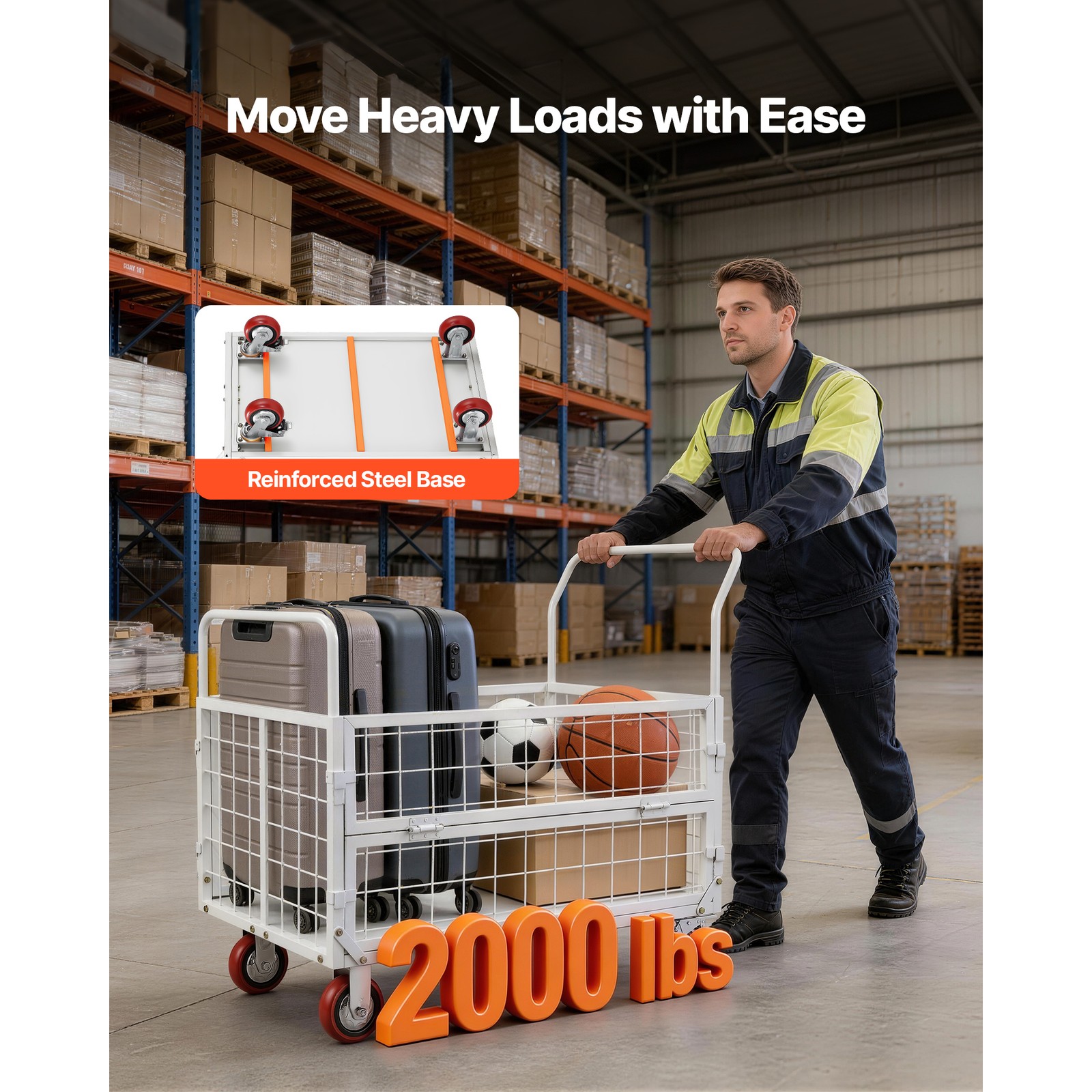 Uimoso Foldable Platform Cart with Cage, 2000 lbs Capacity, 6-in-1 Hand Truck