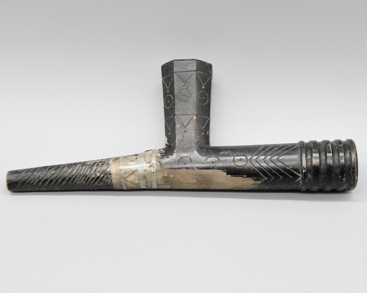 25" Blackfoot Steatite Pipe with Wood Stem Pipe has Repair Done