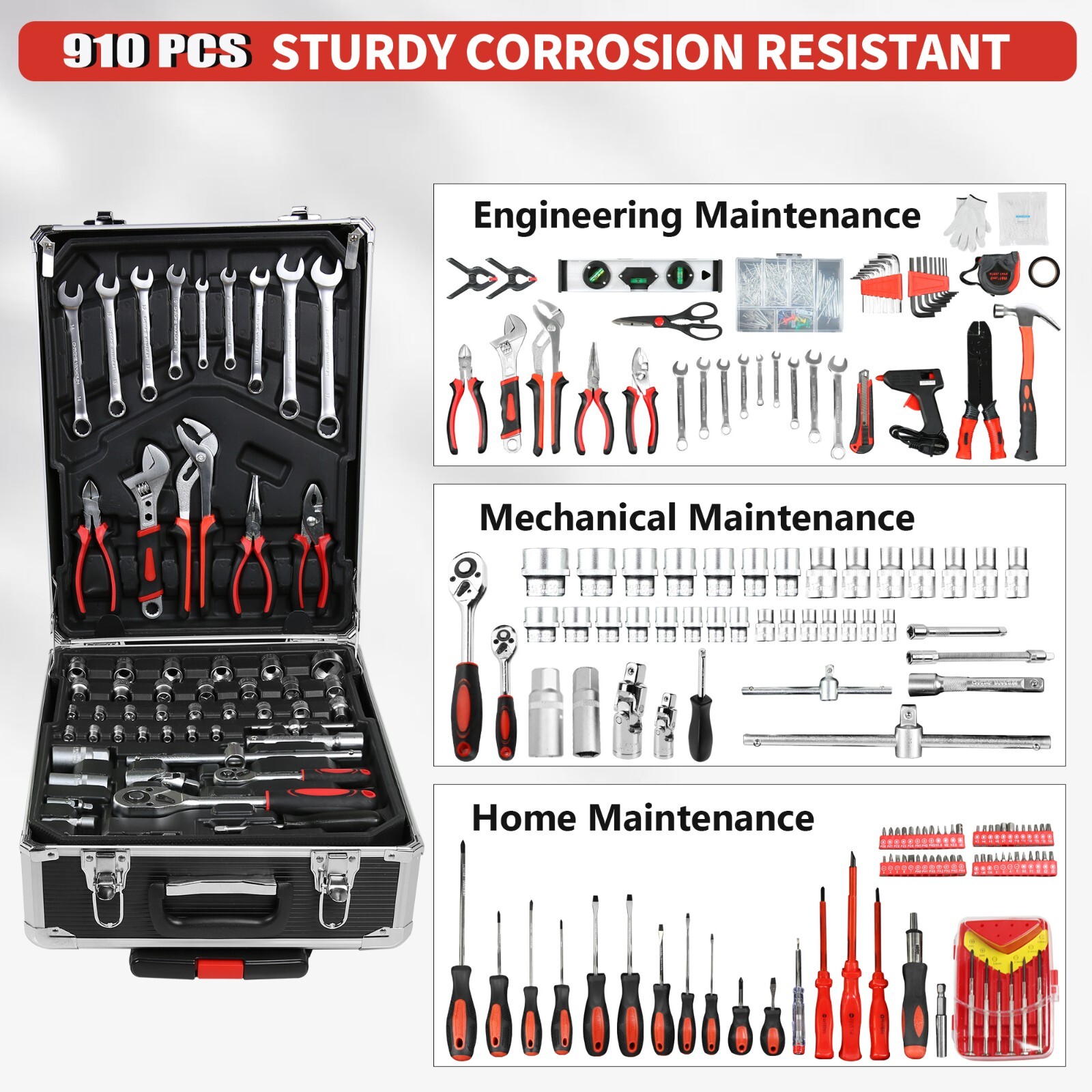 910 Piece Mechanics Tool Set Metric Socket Wrench Set Repair Tool Kit with Case