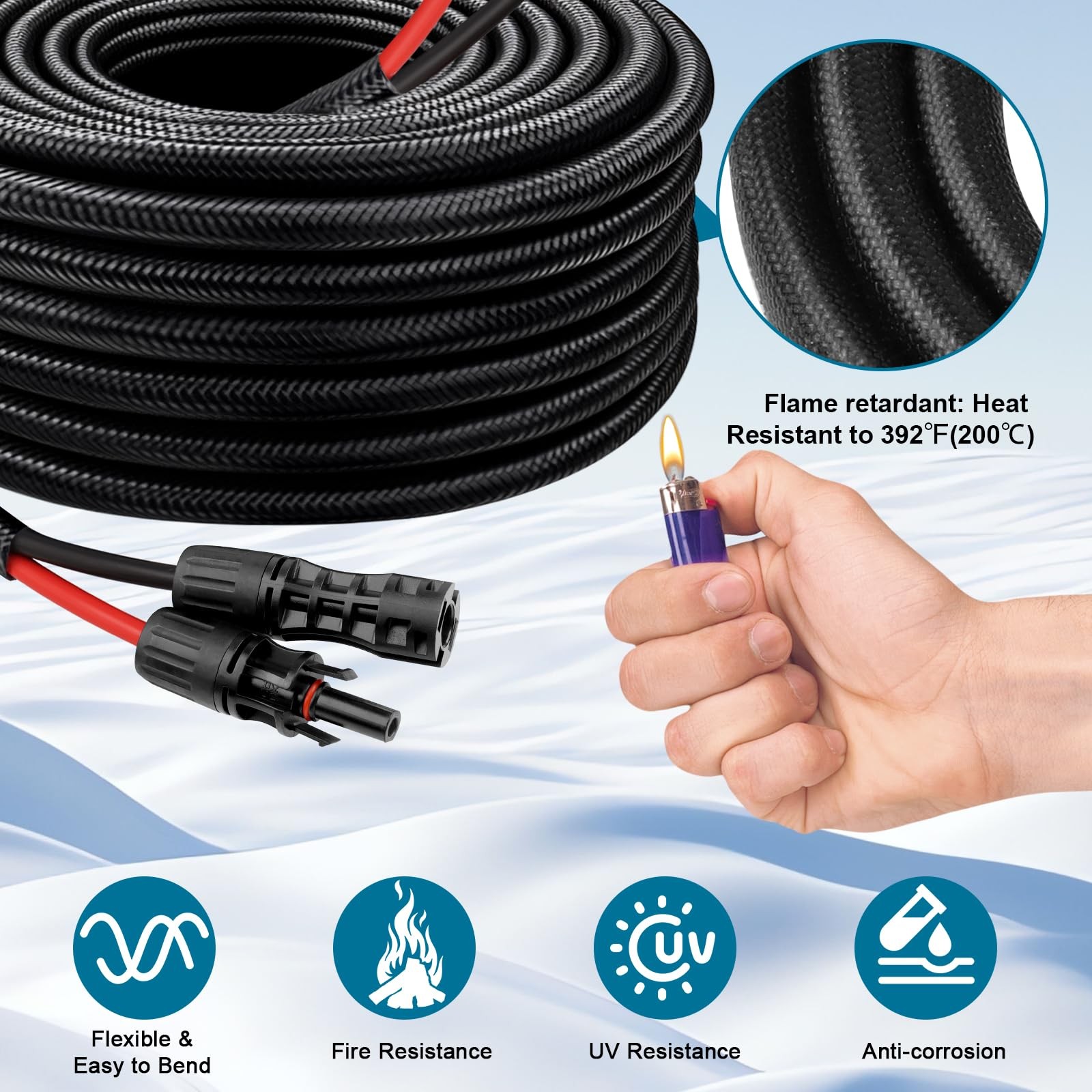 Solar Panel Extension Cable - 8AWG 10FT Wire with Female &