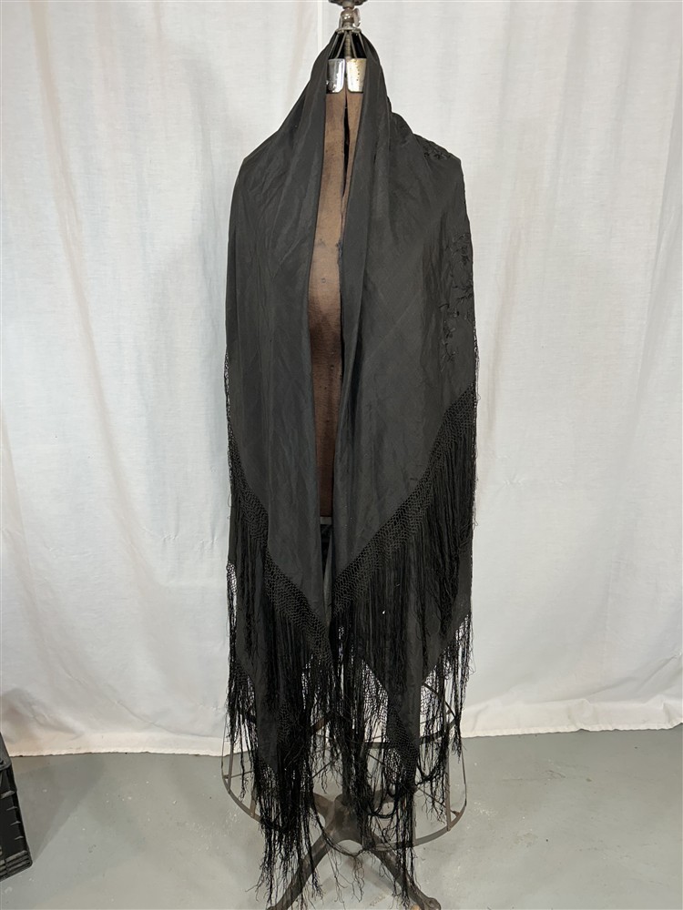 antique silk shawl embroidered black large 62 x 62 fringe 13 in. original 1800