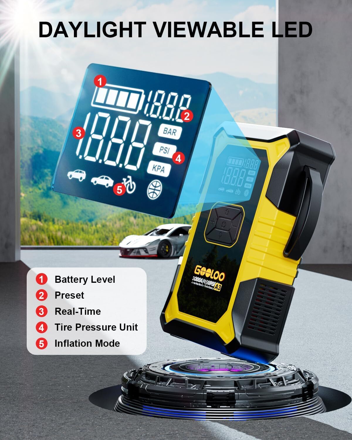 GOOLOO A3 Jump Starter with Air Compressor 3000A Portable Car Battery Booster