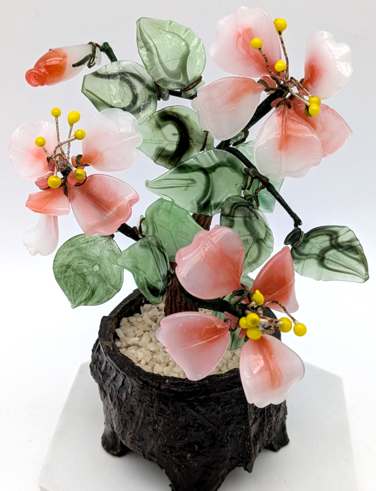 Asian Pink & Green Jade Glass Bonsai Flowers In Footed Pot Signed