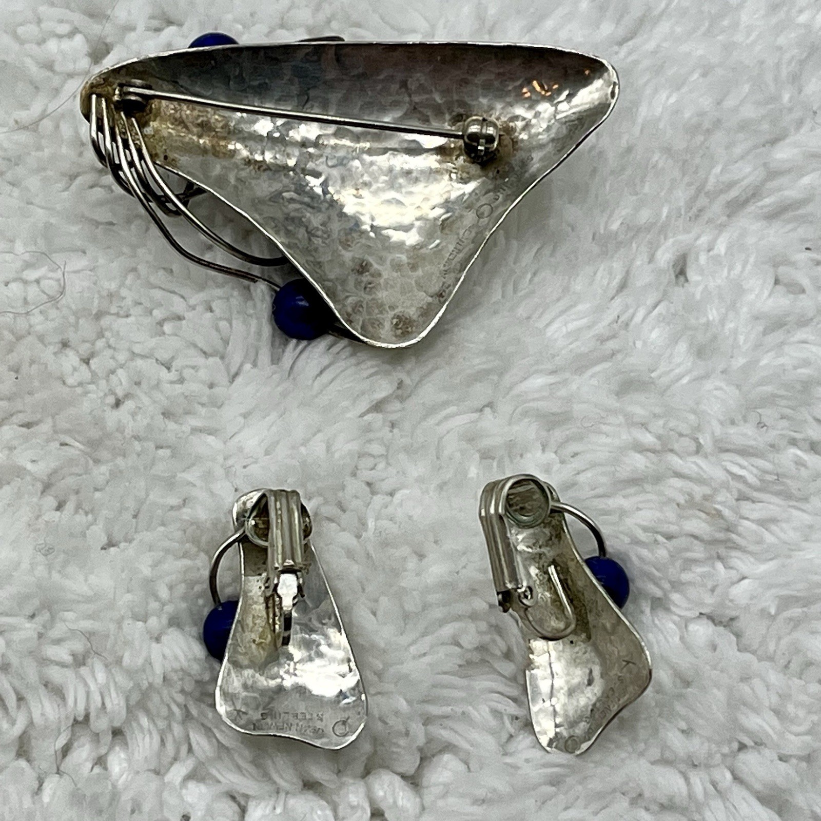 Sterling Silver Jewelry Set Brooch Earrings Lapis Modernist Signed Jean Newlin