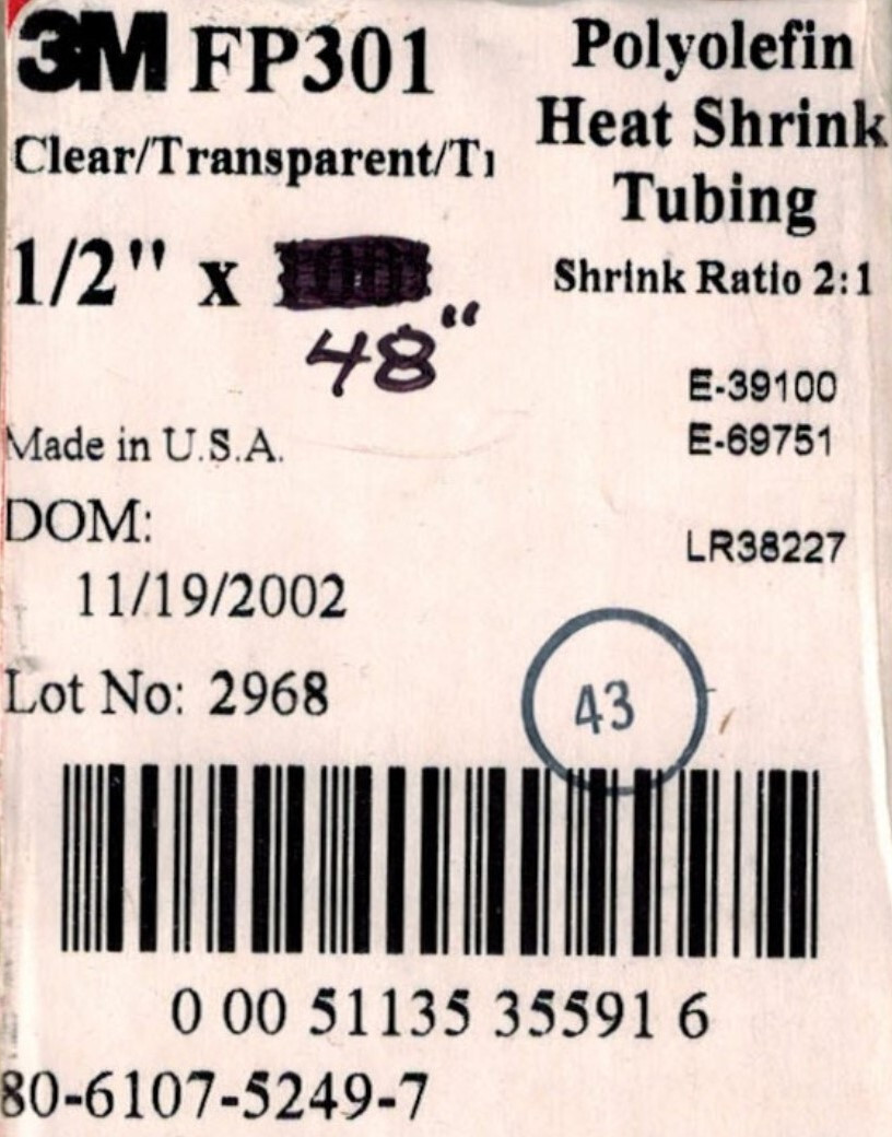 3M Polyolefin Heat Shrink Tubing FP301 Clear 1/2" x 48" 2:1 Shrink Ratio Clear!