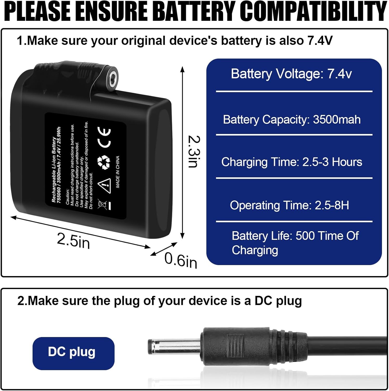 2PACK 7.4V 3500mAh Rechargeable Battery For Heated Gloves Heated Socks Hats