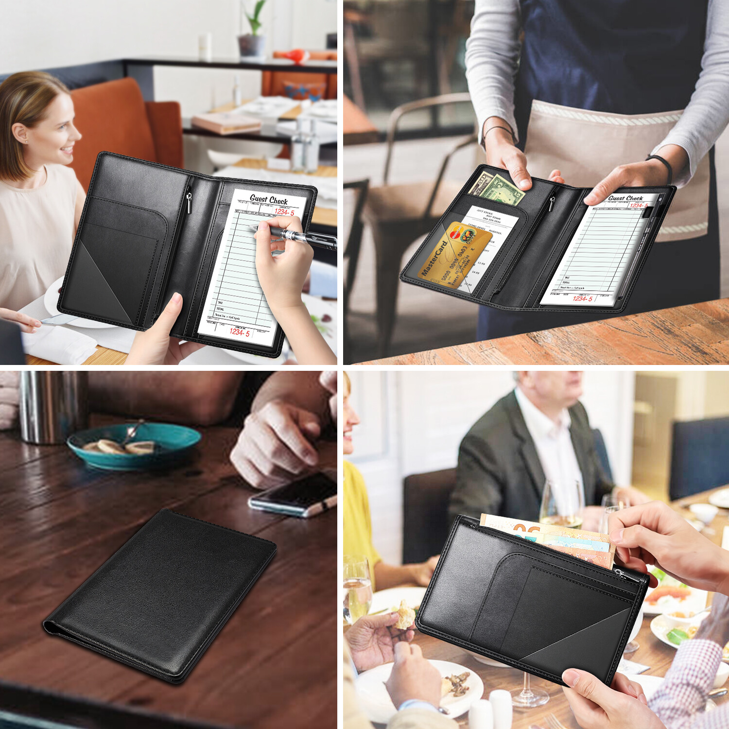 Server Book Organizer Zipper Pocket for Waitress Waiter Bartender Card Holder