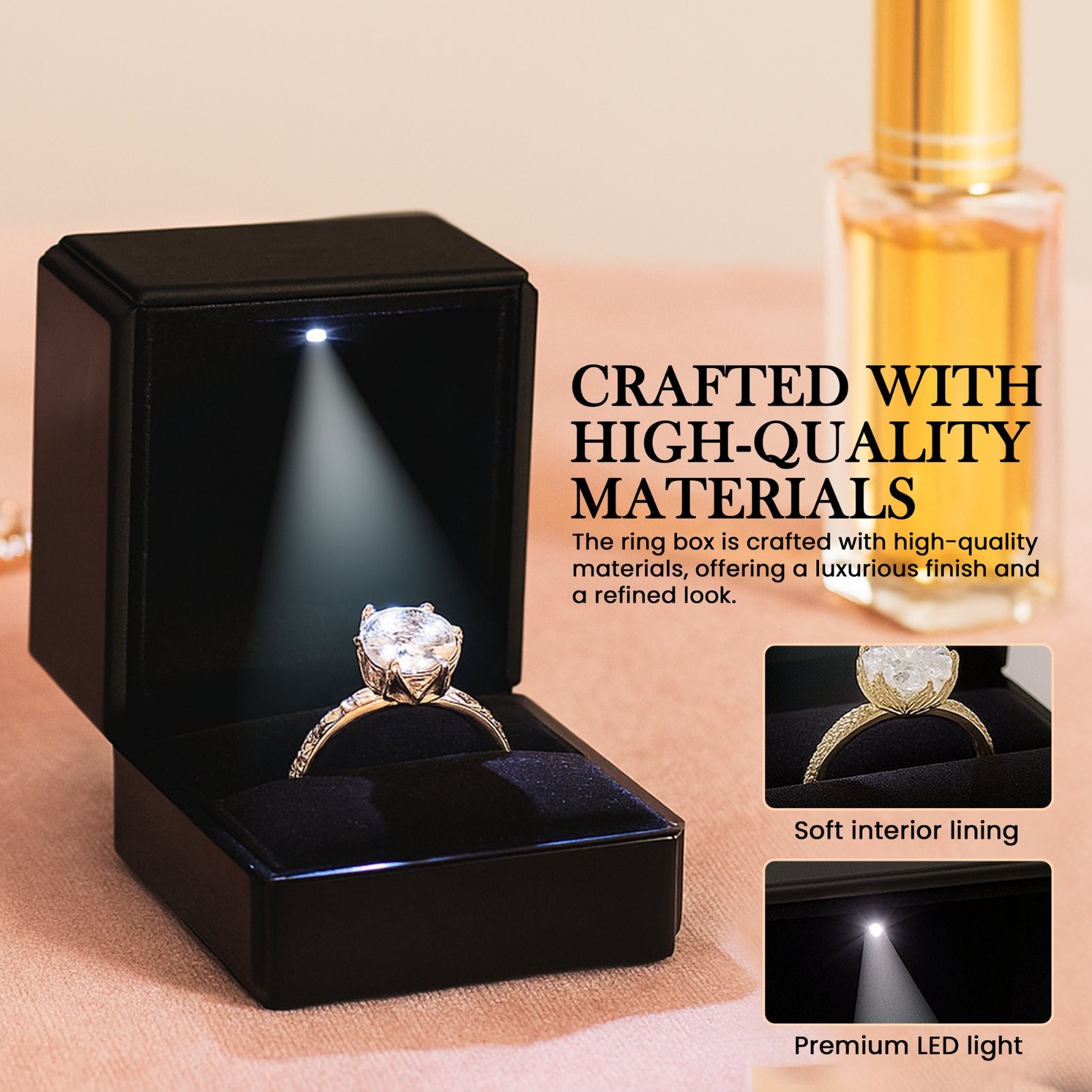 Novel Box Square Shaped Ring Box with LED Light for Wedding & Special Occasions