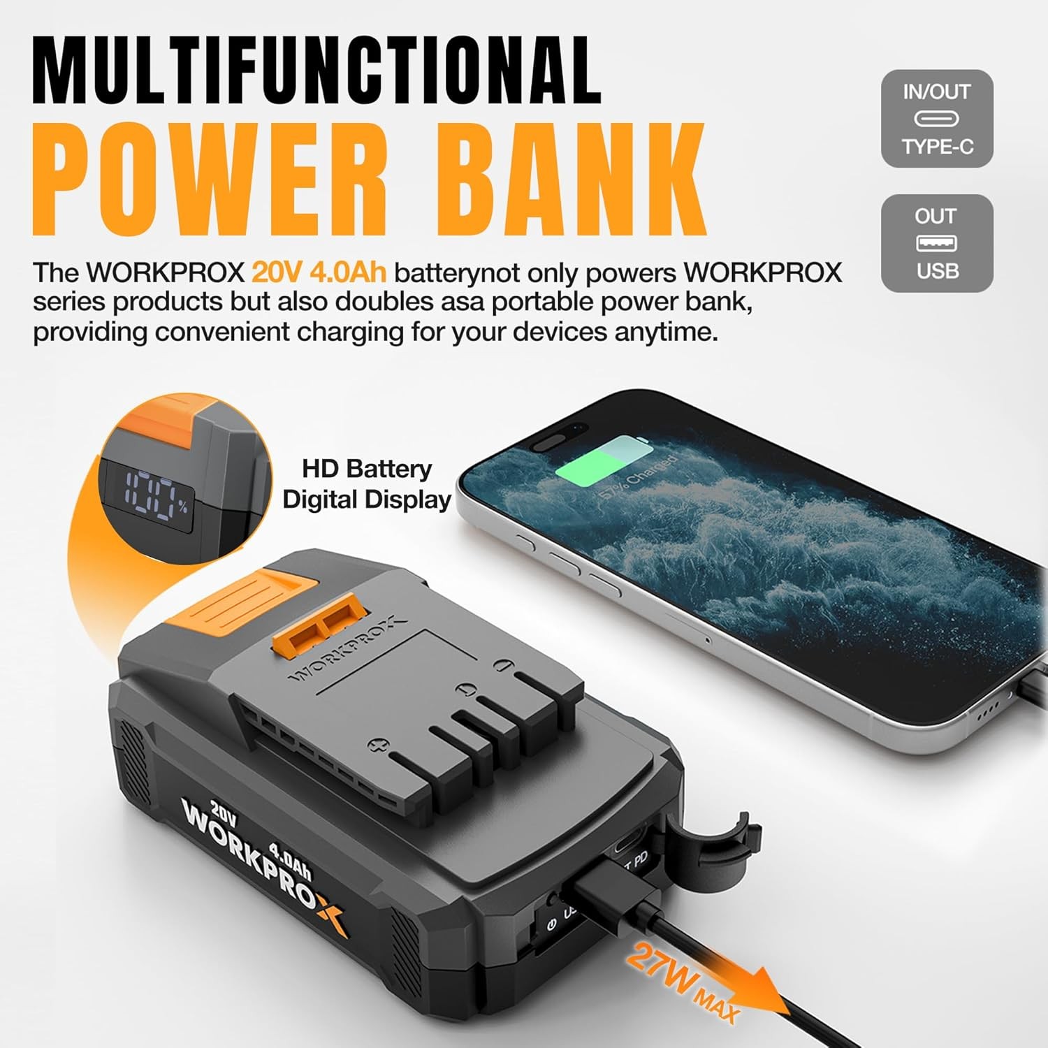 WORKPROX 20V Cordless Rotary Hammer Drill 7/8" SDS-Plus Brushless w/4.0A Battery