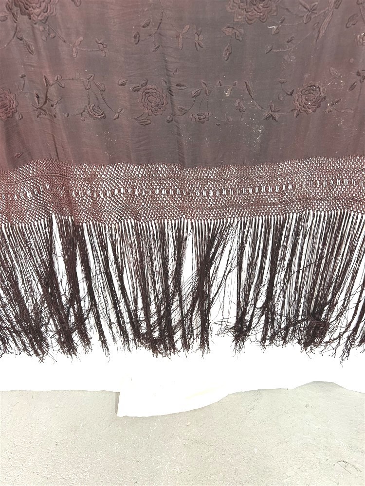 antique silk shawl embroidered lg 49x49 dark purple fringe 20 piano original