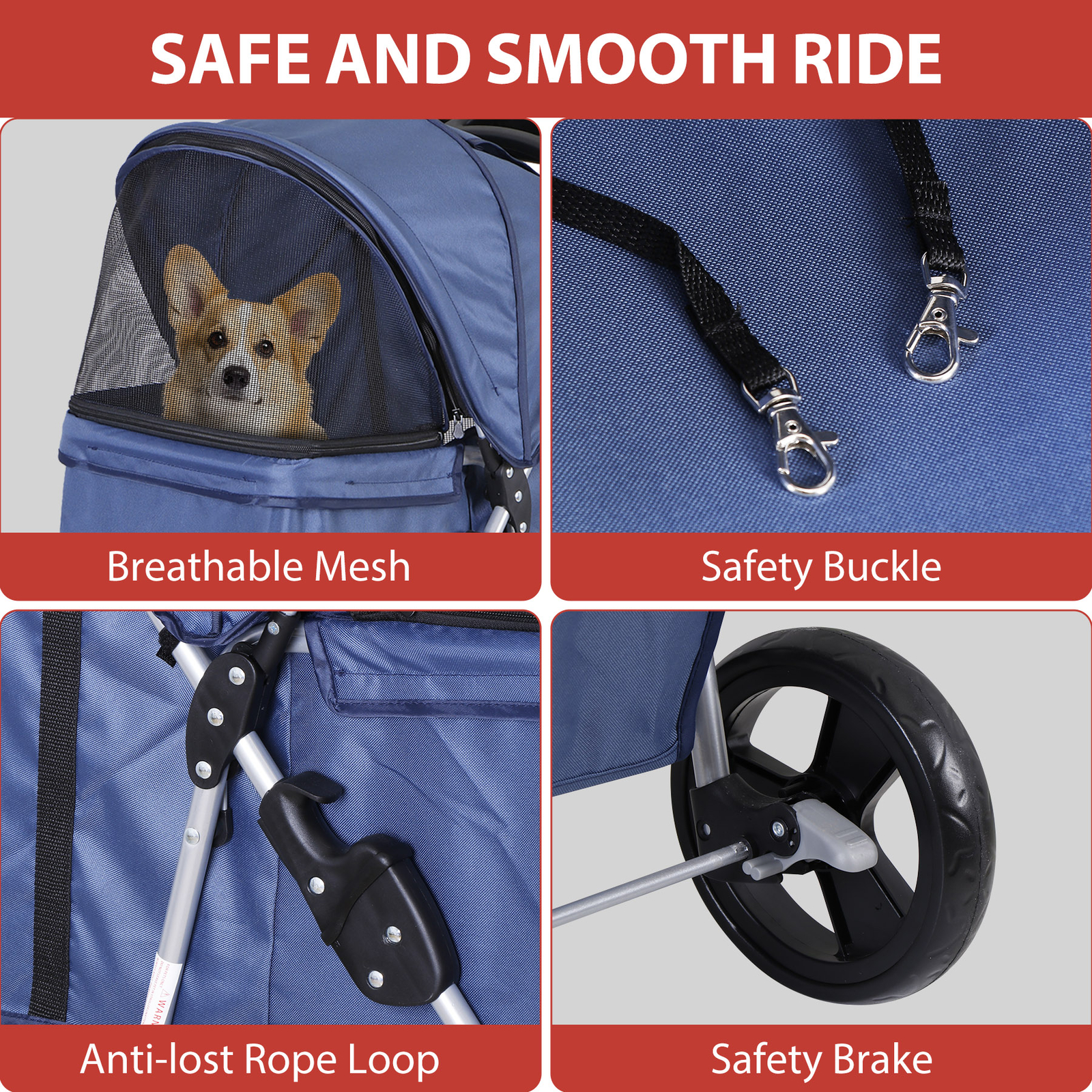 4 Wheels Blue Pet Stroller with Cup Holder, Breathable Mesh for S/M Dog Cat