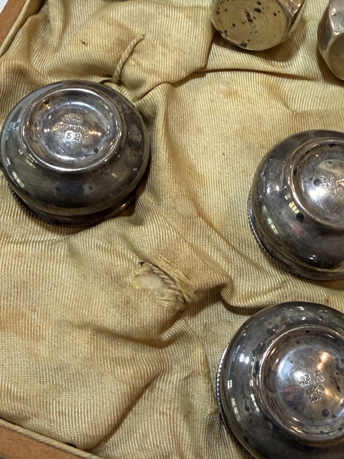 ANTIQUE WHITING MFG. CO STERLING SILVER SET OPEN SALT CELLAR SHAKERS SPOONS BOX