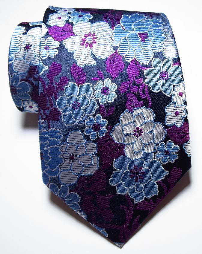 New Classic Floral Purple Blue White JACQUARD WOVEN 100% Silk Men's Tie Necktie
