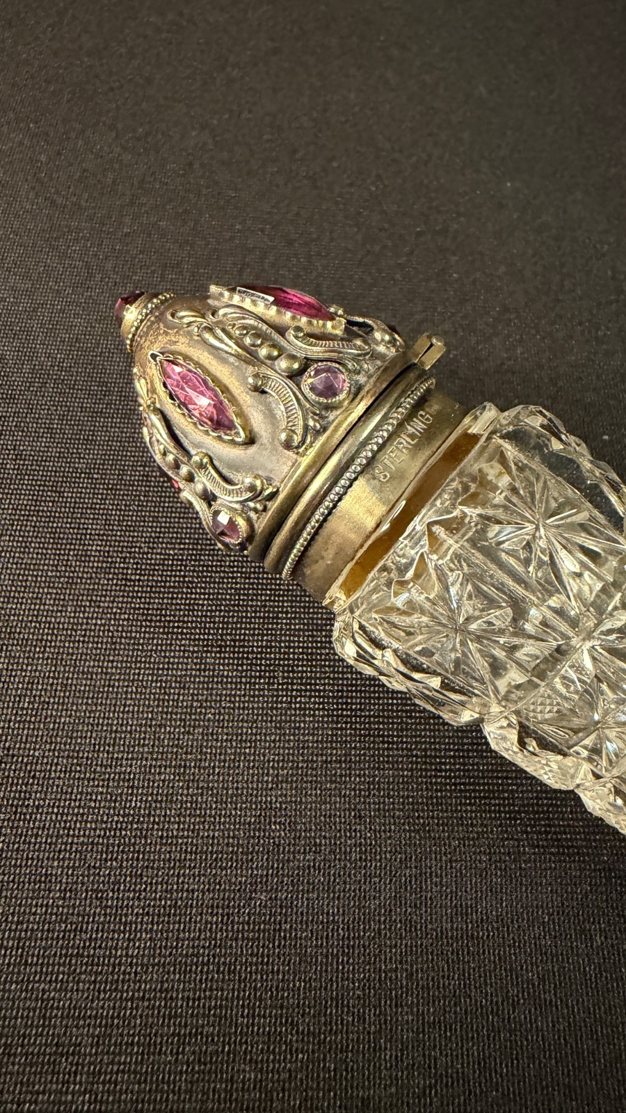 Rare Victorian Sterling with Faceted Amethyst Stones & Cut Cyrstal Scent Bottle