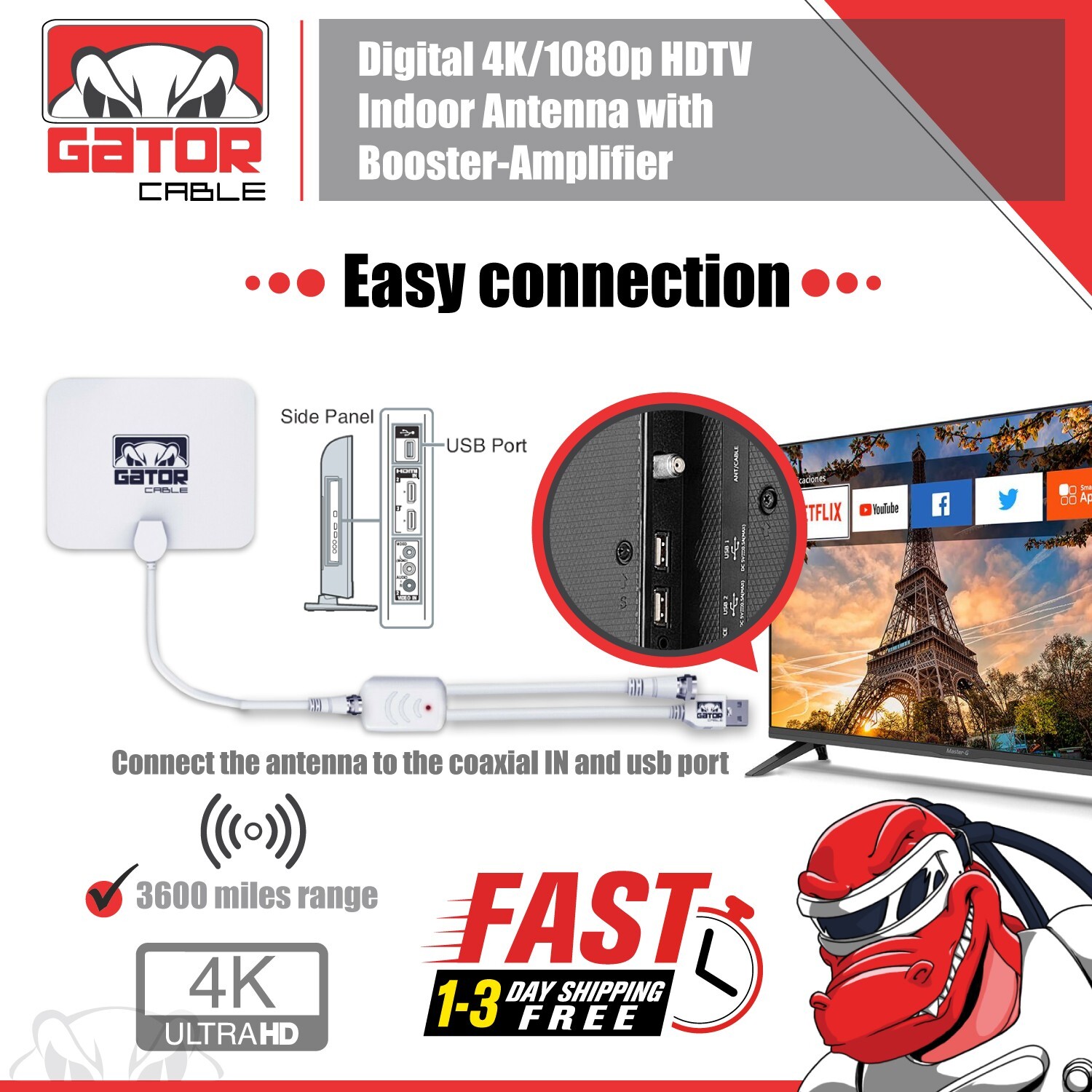 Digital TV Antenna HDTV 4K 1080p Indoor Amplifier 3600 Miles Long Signal Range