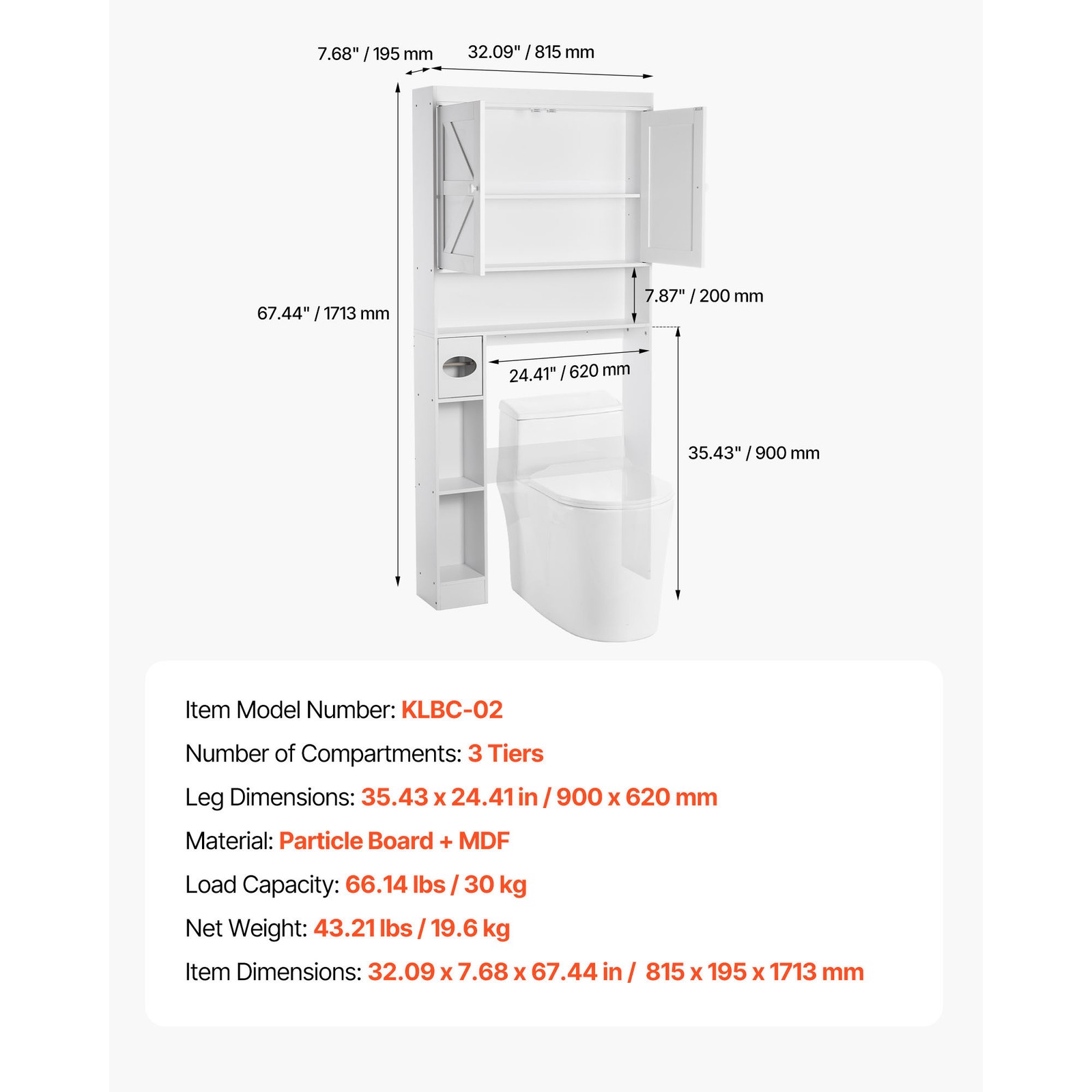 Over The Toilet Storage Cabinet for Bathroom with Adjustable Shelf White 67.4" H