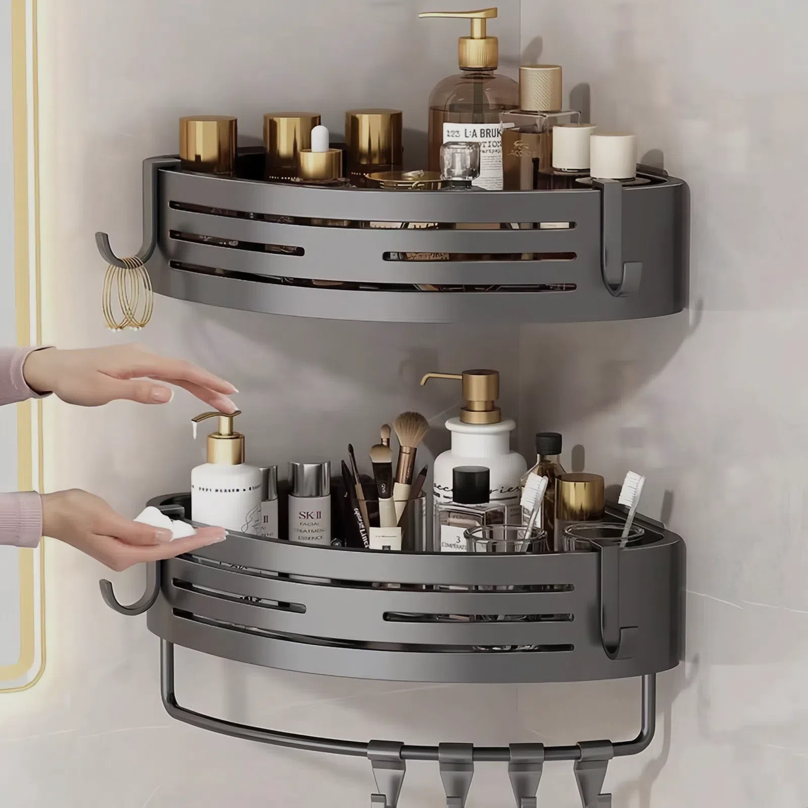 2-Tier Corner Shower Caddy Bathroom Organizer Storage Shelf No Drilling 8 Hooks