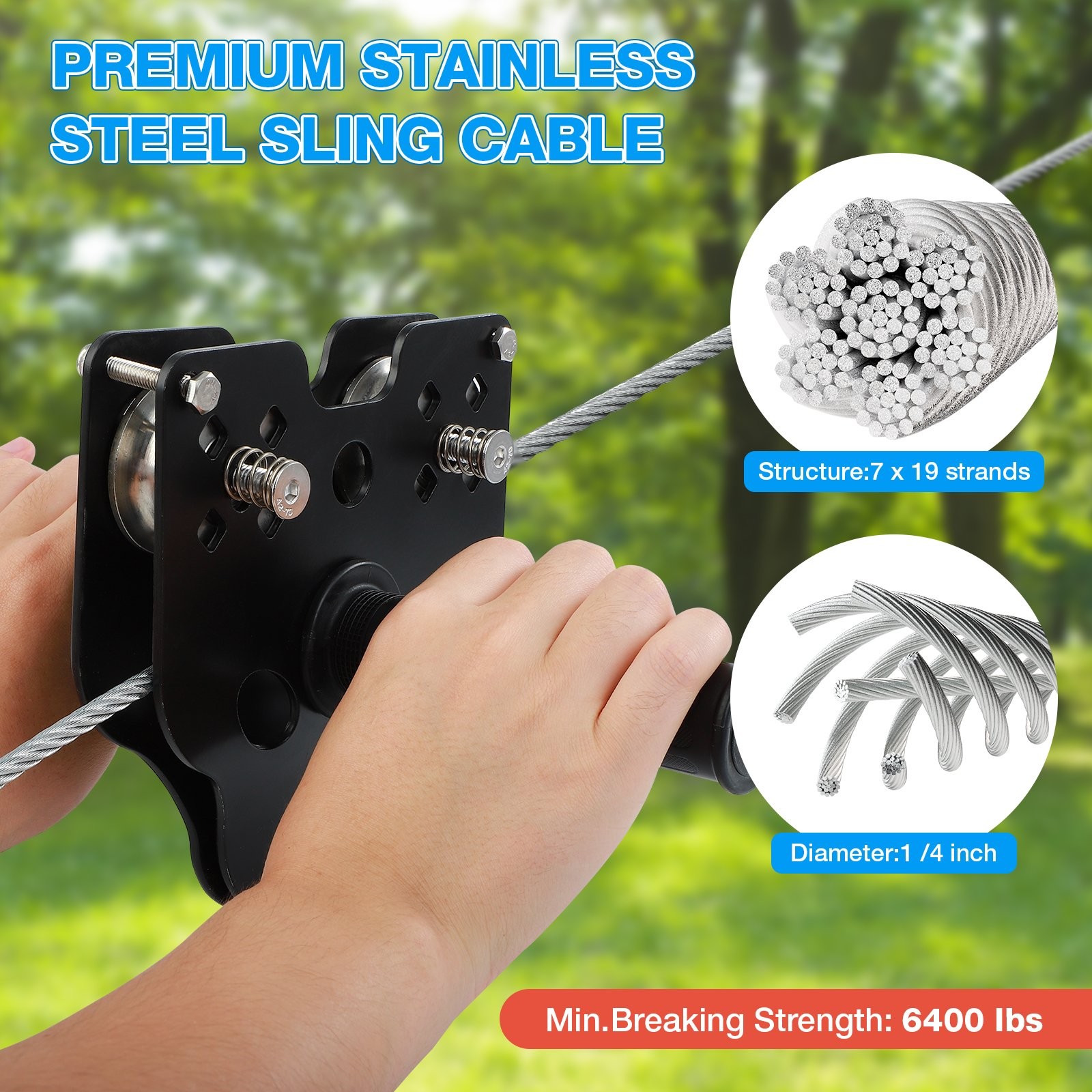 250FT Zipline for Backyard Kids - Up To 400LBS Quickly Tighten Zipline Kit