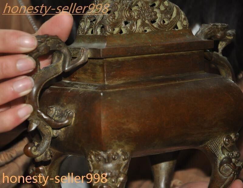 8.6" Ancient Chinese Pure bronze dragon loong beast statue Incense burner censer