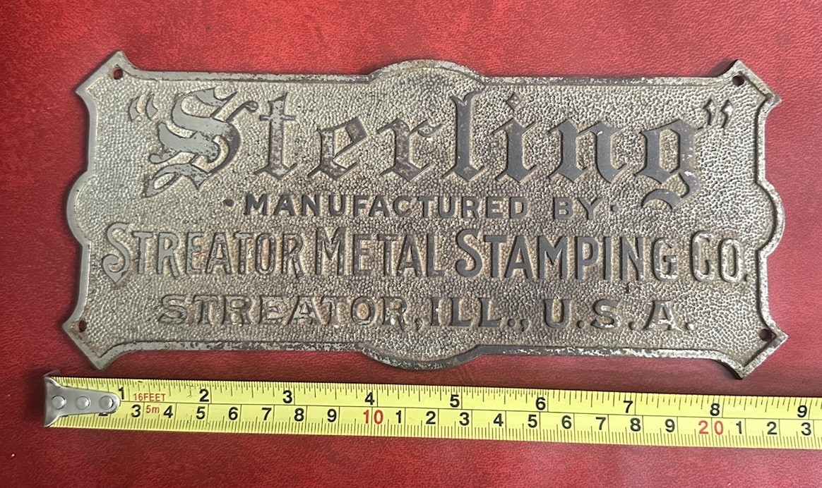 Antique Metal Plaque Nameplate Sterling Streator Metal Stamping co. Illinois