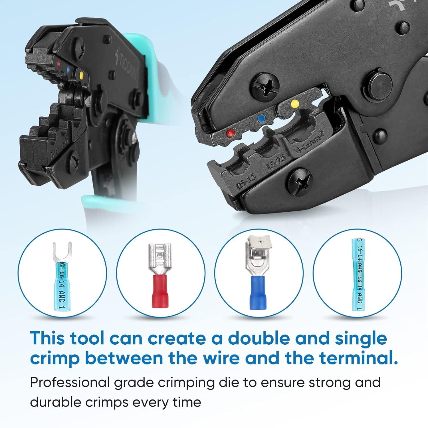 Crimper Tool with Dual-Color Handle for Heat Shrink Connectors - Ratcheting Wire