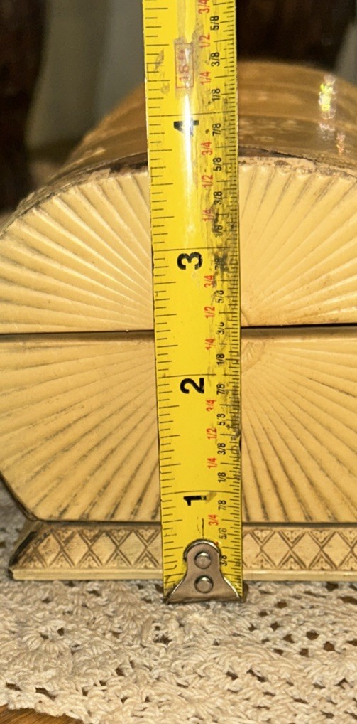 Antique Jewelry Box Engraved Angel Celluloid Wrapped Wood 9x 3.75 Oval Quite Old