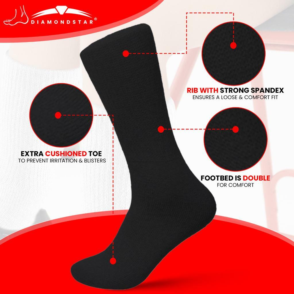 12 Pairs Black New Diabetic Crew Socks Circulatory Health Cotton Loose Fit Top