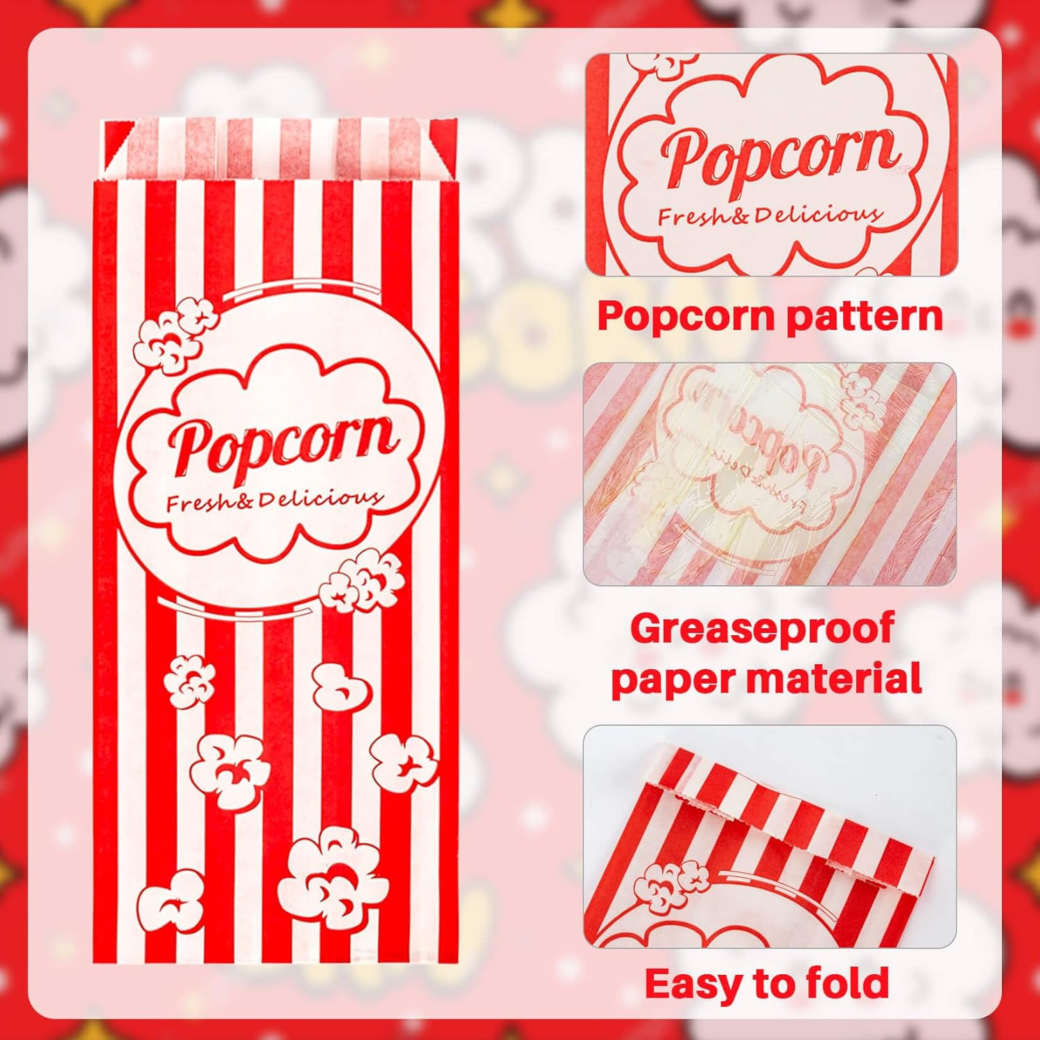 100PCS Disposable Popcorn Bags Bulk Red White Striped Paper Snack Party Favor
