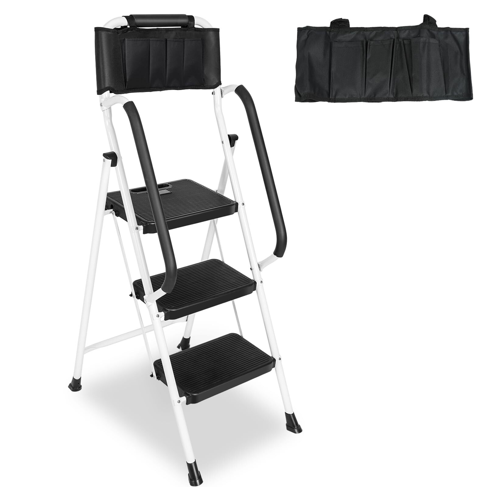 3 Step Non-Slip Stool Ladder with Handrails 500 lbs folding Attachable Tool Bag