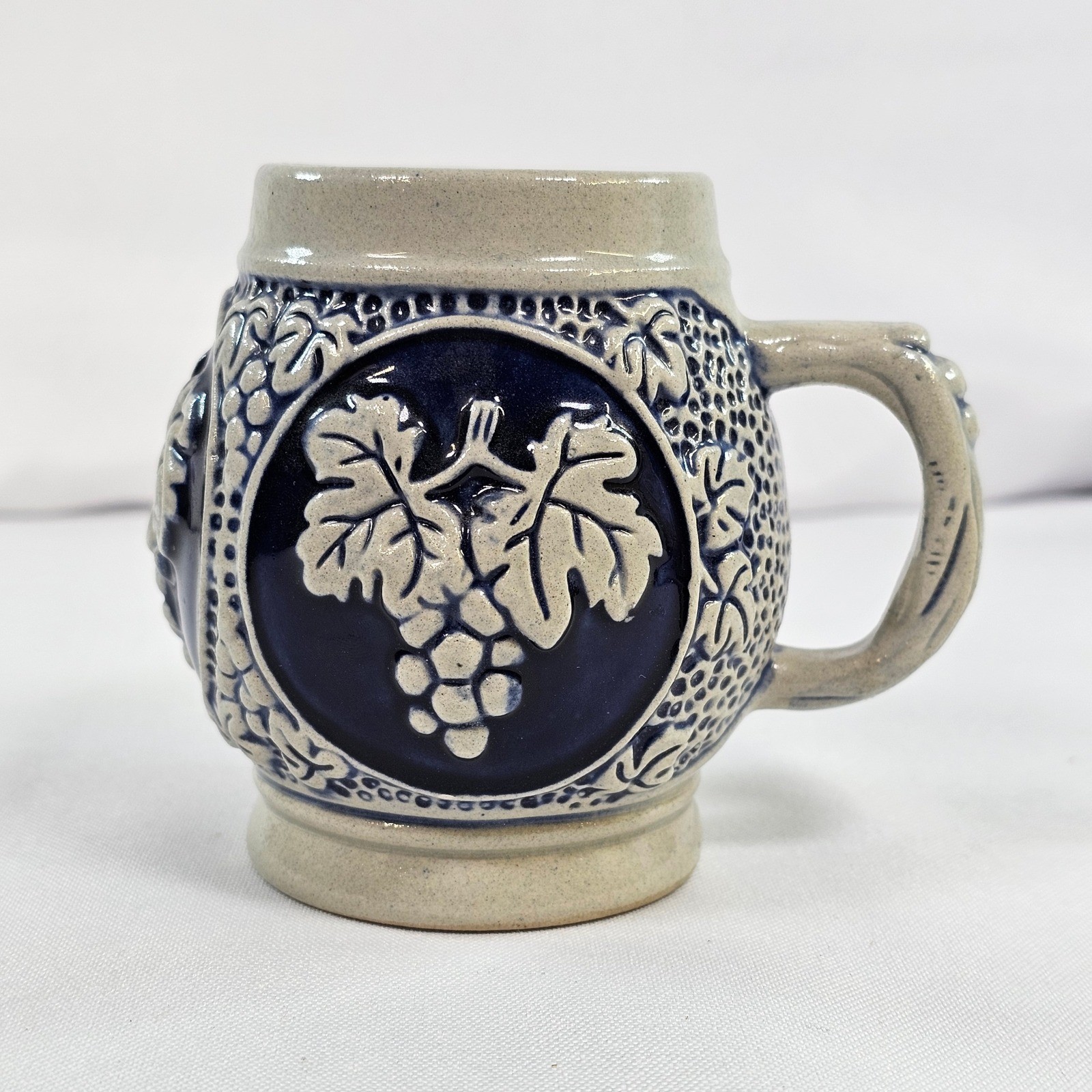 King German Salt Glaze Stoneware Beer Stein Mug Grape Relief Cobalt Blue 4in