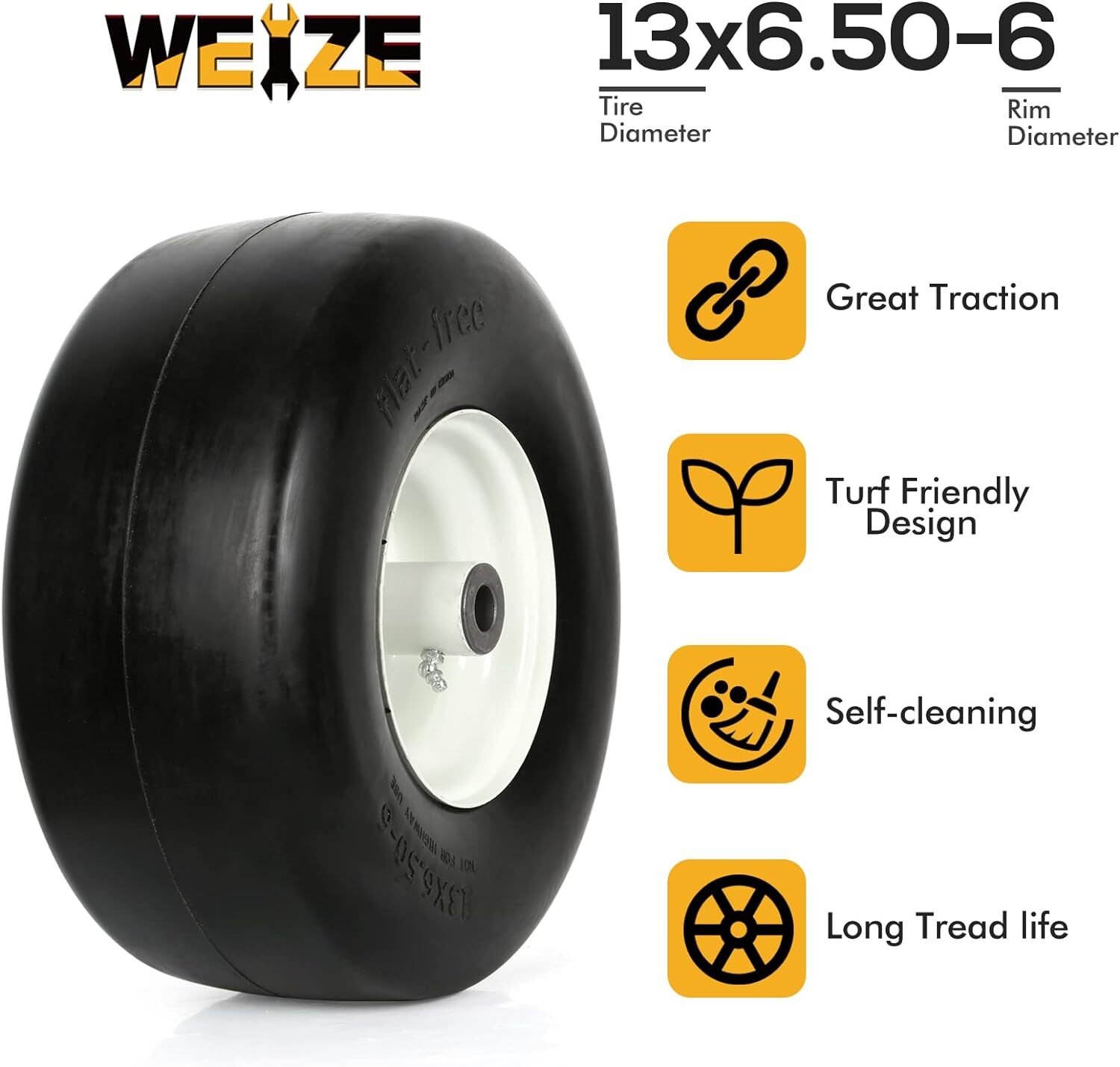 WEIZE 13 x 6.50-6 Flat Free Lawn Mower Tires with Rim 450lbs Capacity 13x6.50-6