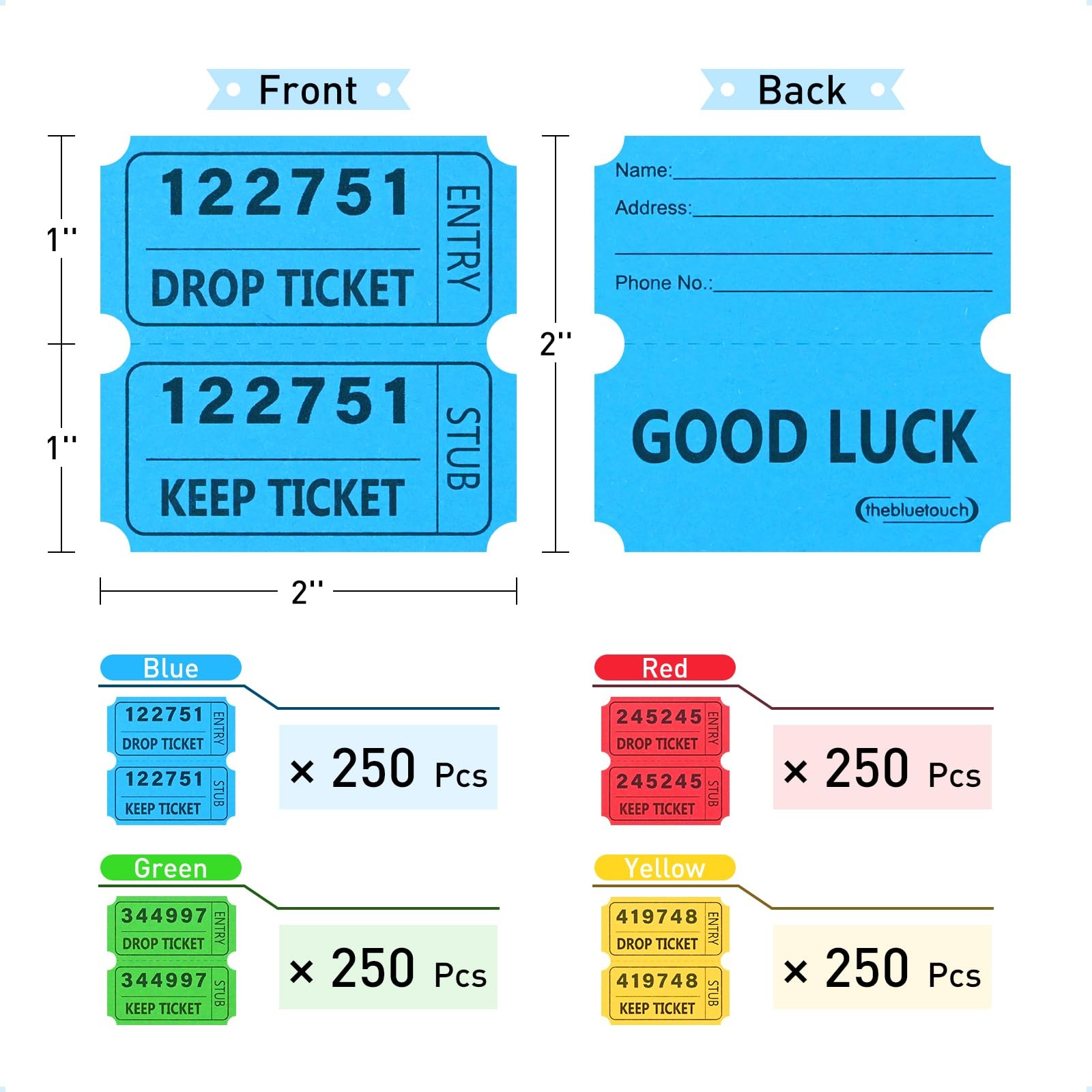 2000 pcs 50/50 Raffle Tickets, Large Bold Numbers Double Tickets, 2"x2" Ticke...