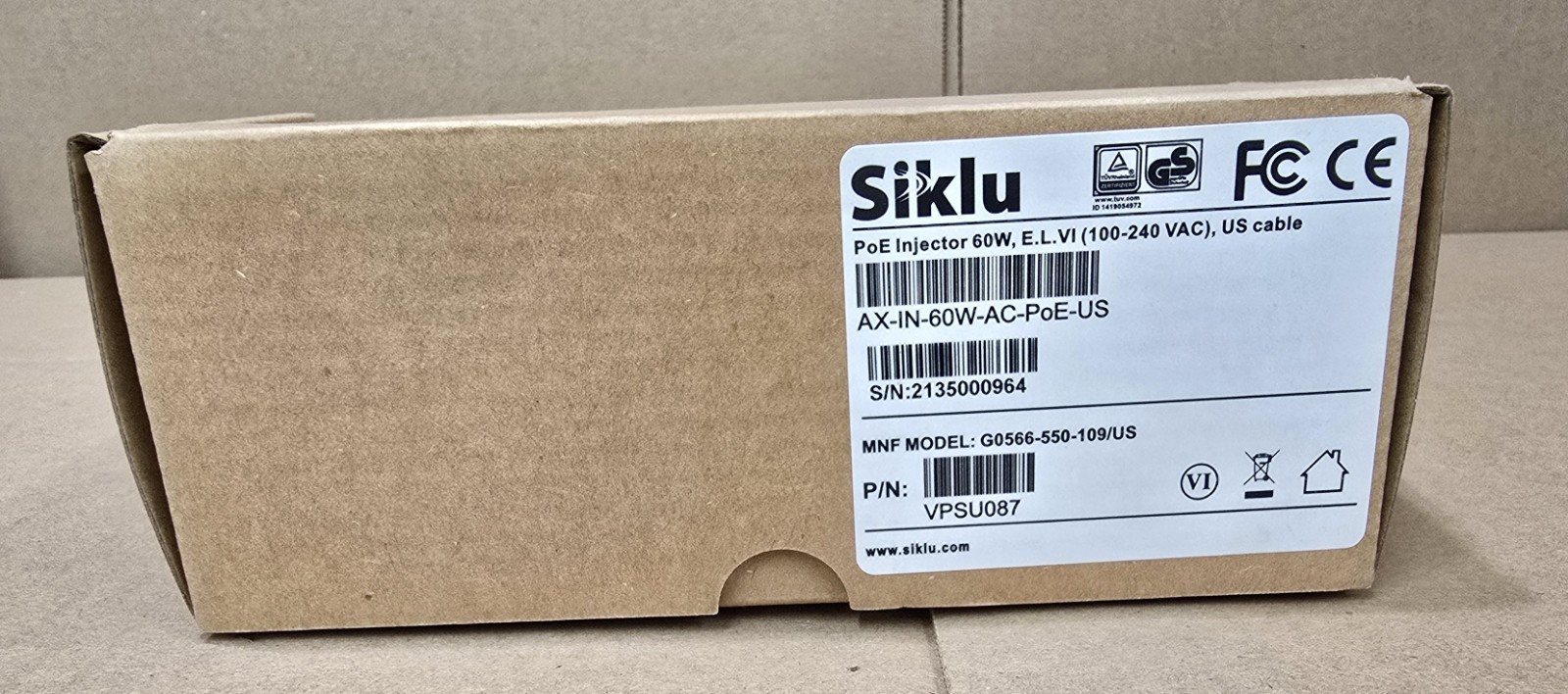 Brand New Siklu PoE Injector 60W (100-240 VAC) G0566-550-109/US