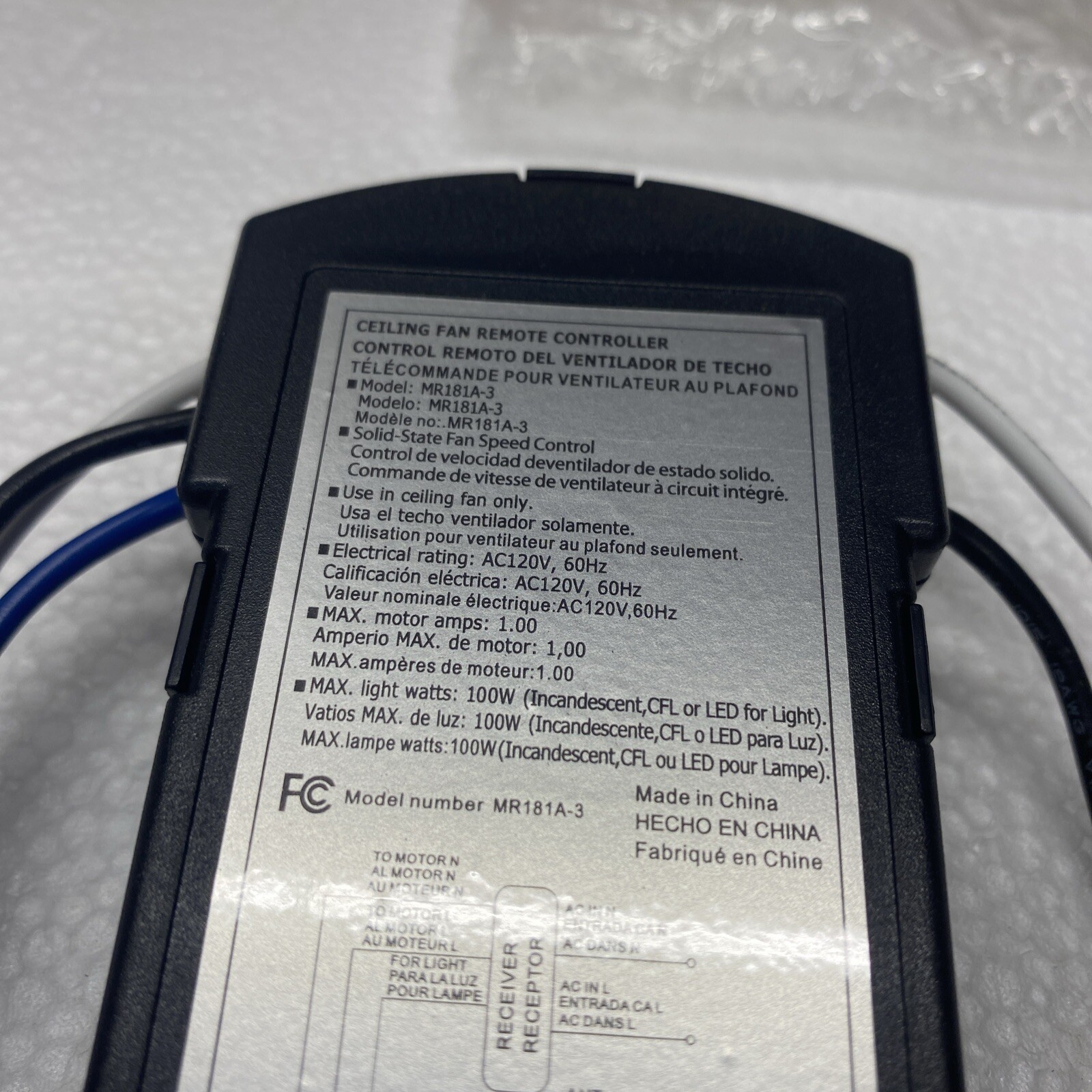 Fanimation Receiver & Remote MR181A-3 Ceiling Fan RCCA050050005 JH-01