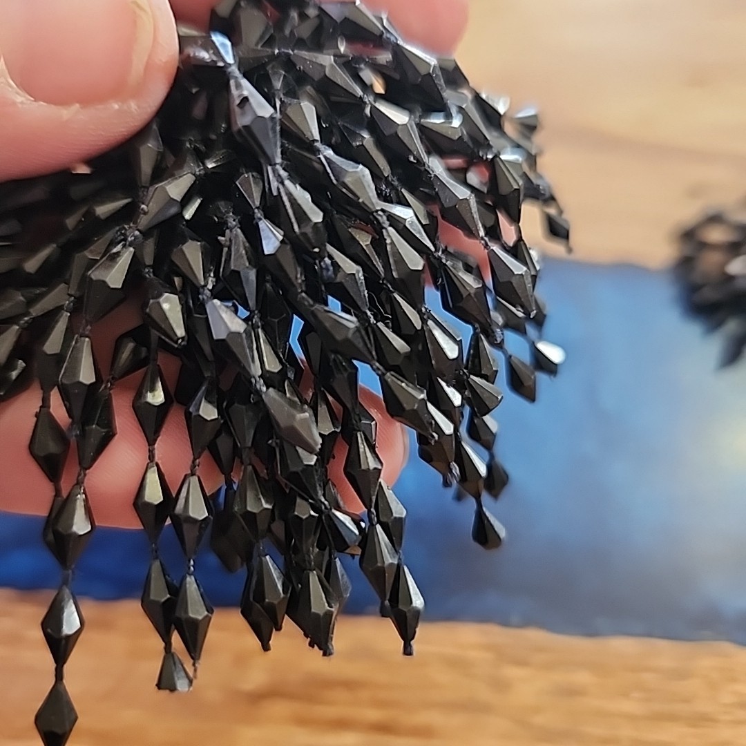 Vintage Shoe Clips Black Plastic Beaded Pom Poms Flapper Fun Collectible