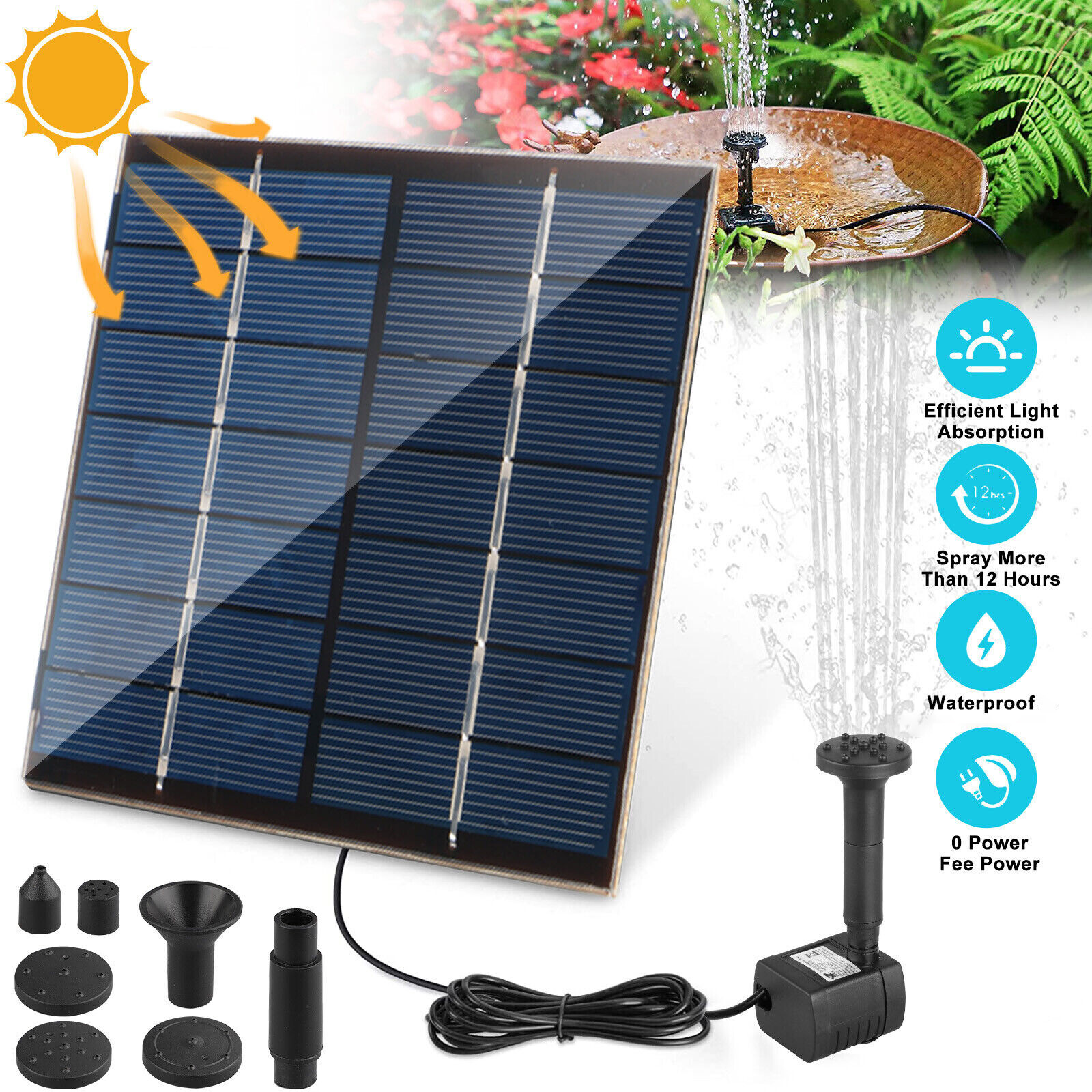 Solar Power Fountain Submersible Water Pump Floating Bird Bath Garden Pond Pool
