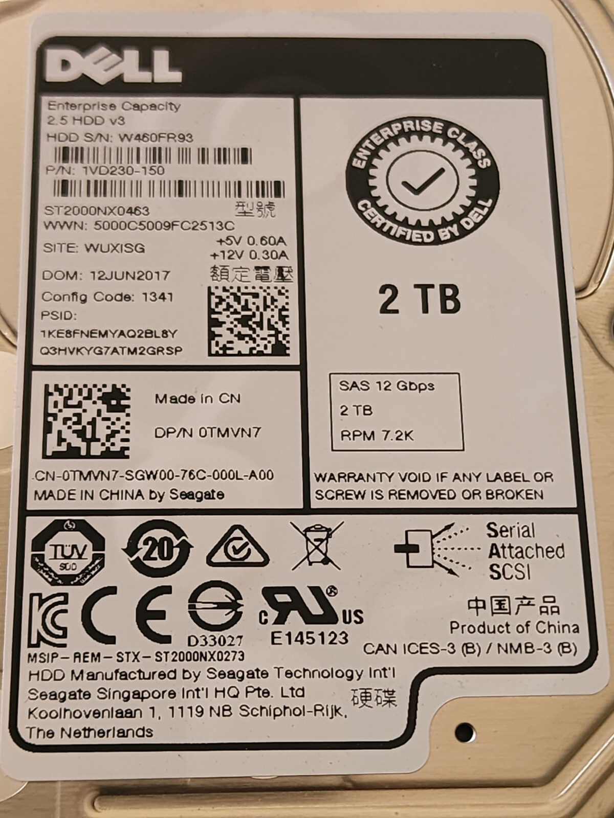 Dell 2TB 7.2K 12G 2.5" SAS HDD 0TMVN7 ST2000NX0463 TMVN7 GEN12 0NTPP3 Caddy
