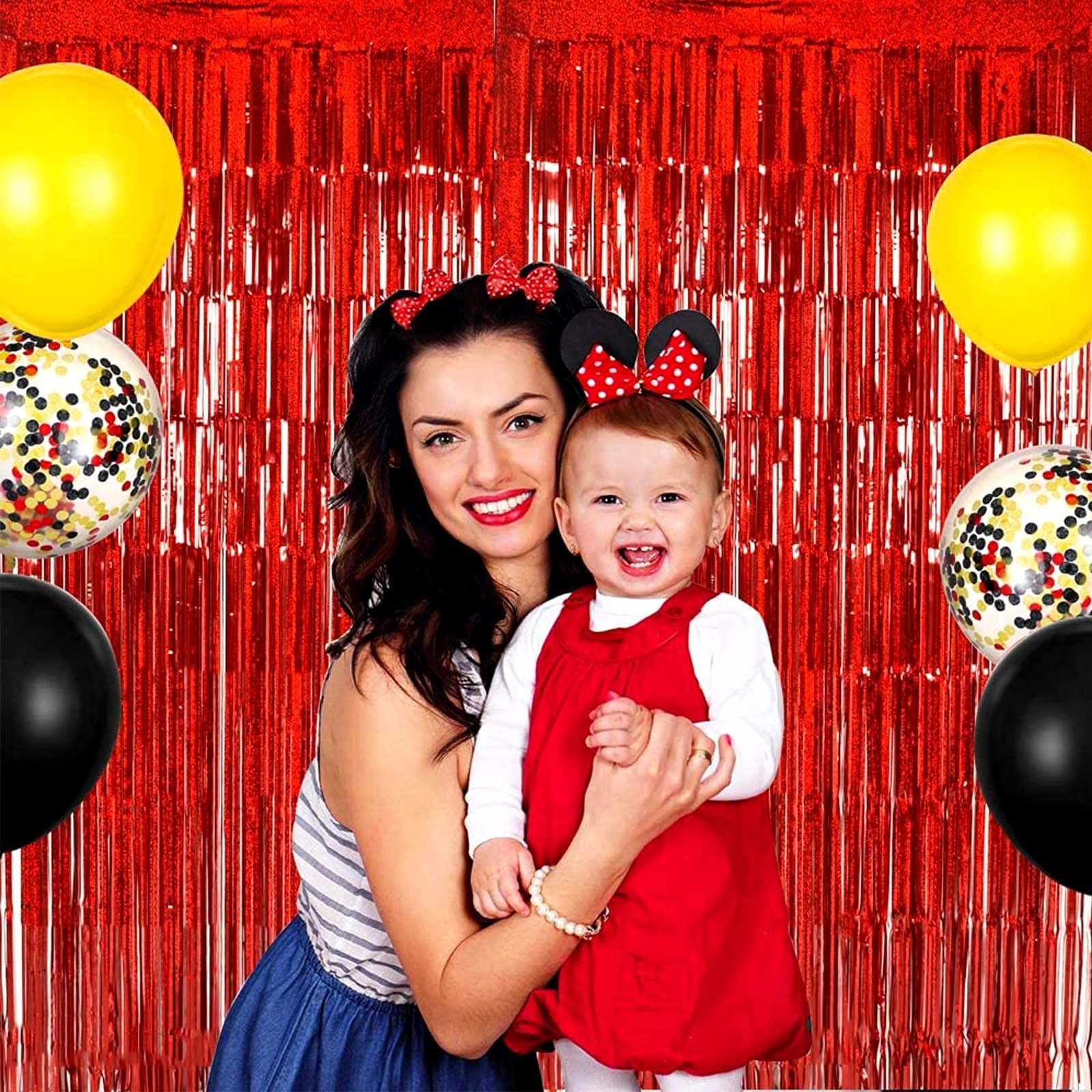 4 Pack Red Tinsel Foil Fringe Curtain Backdrop, 3.28Ft x 8.2Ft Metallic Strea...