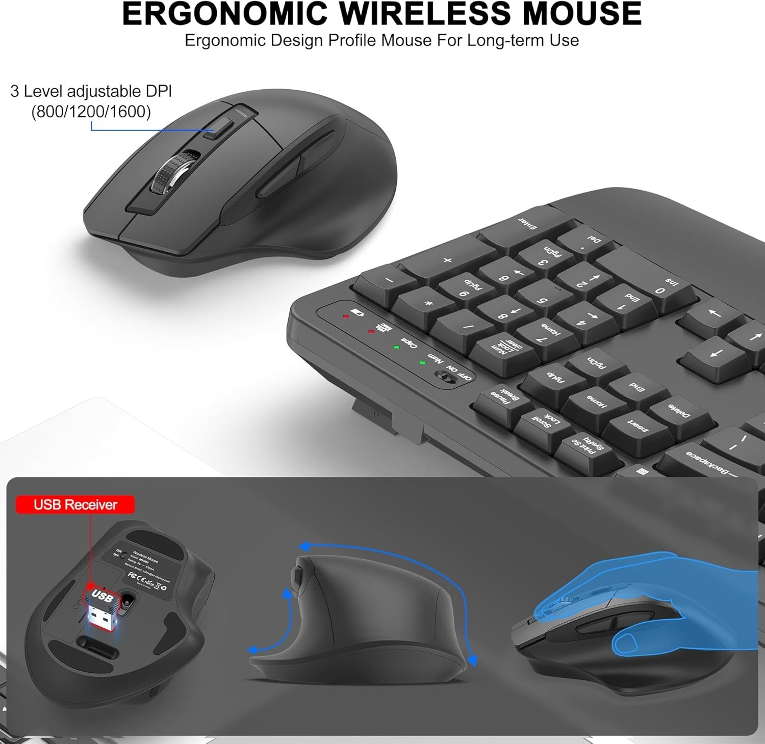 Wireless Keyboard and Mouse Combo, 2.4G Full Size Wave Keys Ergonomic Keyboard