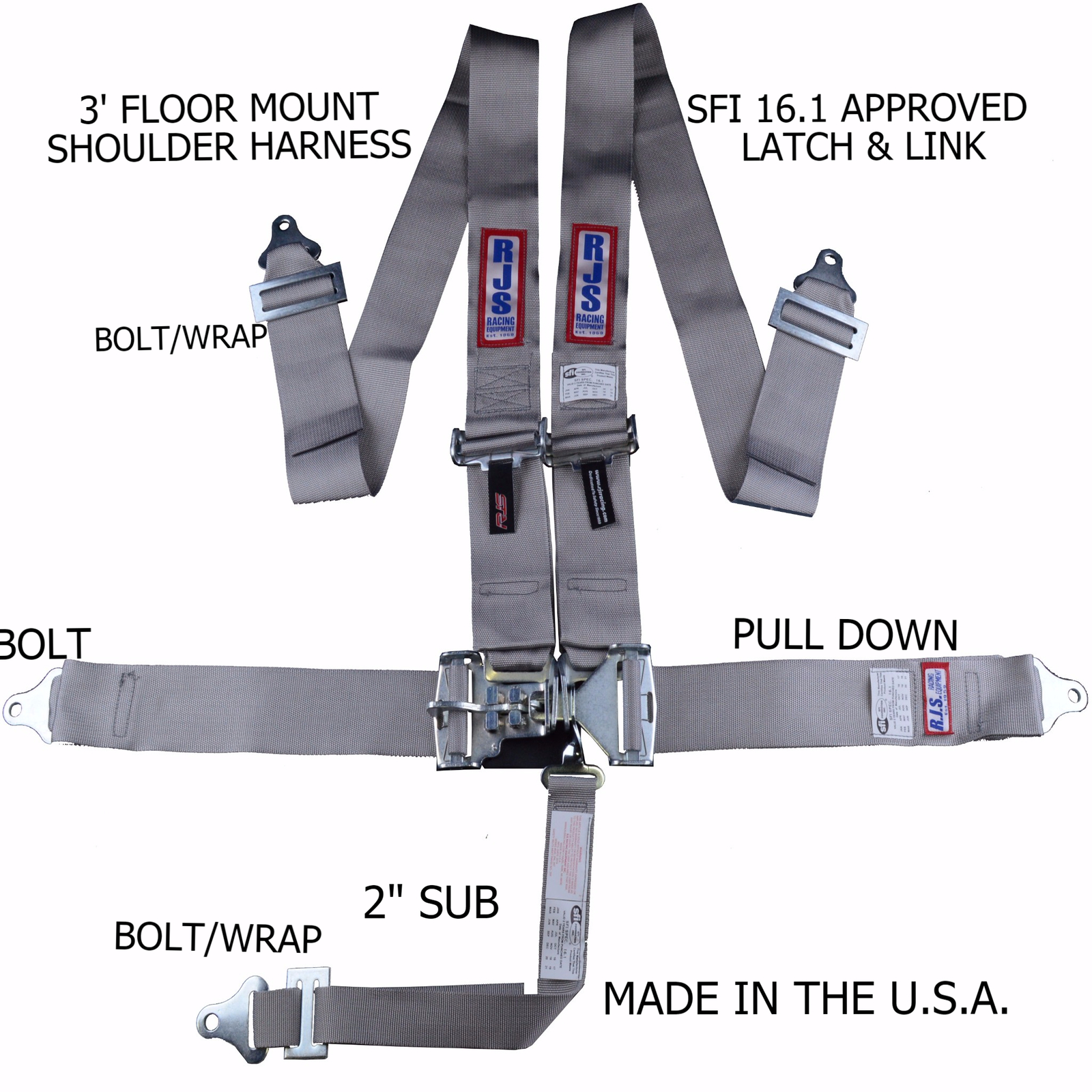 LATCH & LINK HARNESS GRAY RJS RACING SFI 16.1 5 POINT FLOOR MOUNT SPORTSMAN