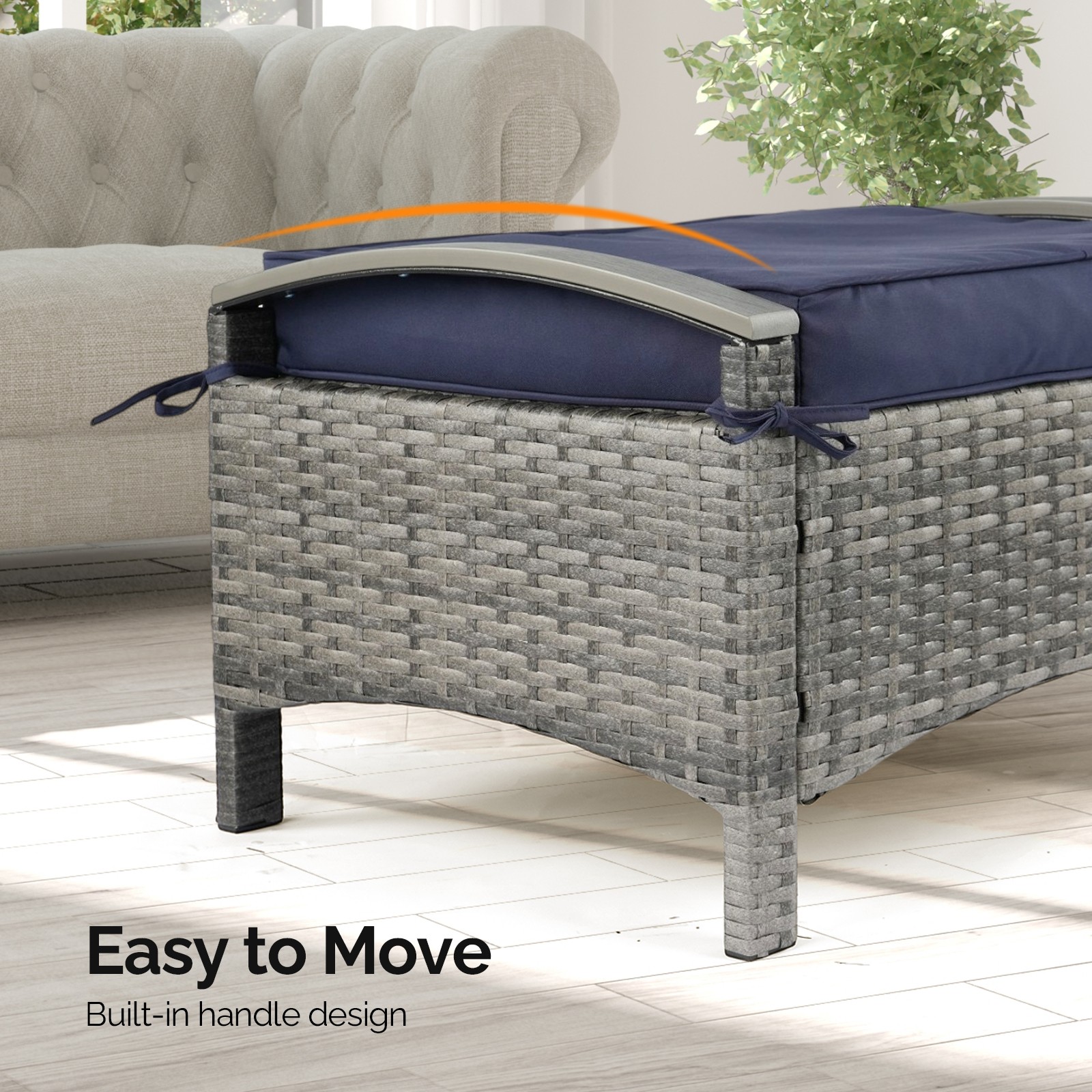 Gray Rattan with Cushions 2PCS In/Outdoor Plastic Wood Armrest Rattan Footstool