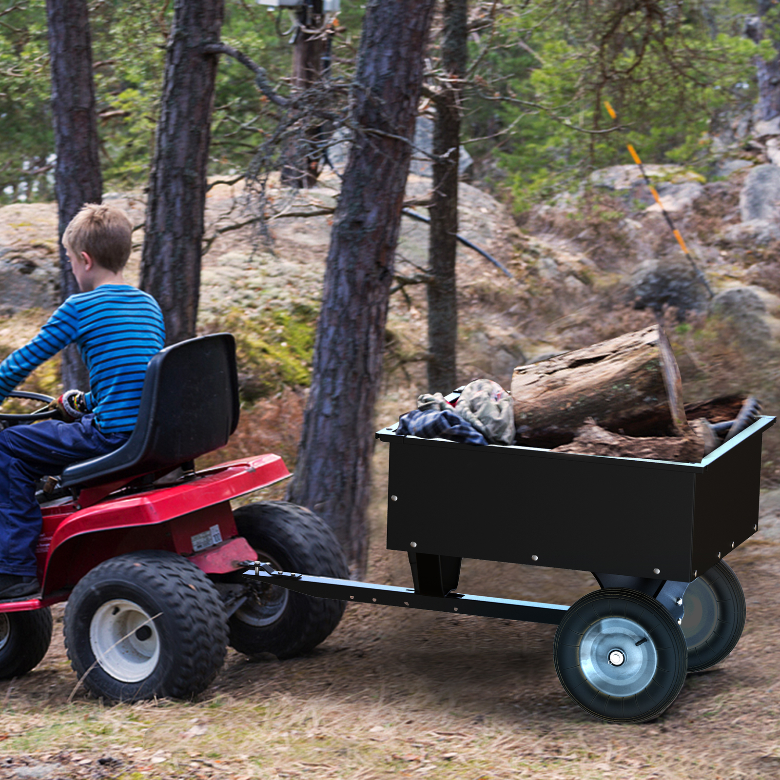 Dump Cart Tow Behind Lawn 350LB Steel Black for Lawn Tractor & ATV UTV W/ Wheels