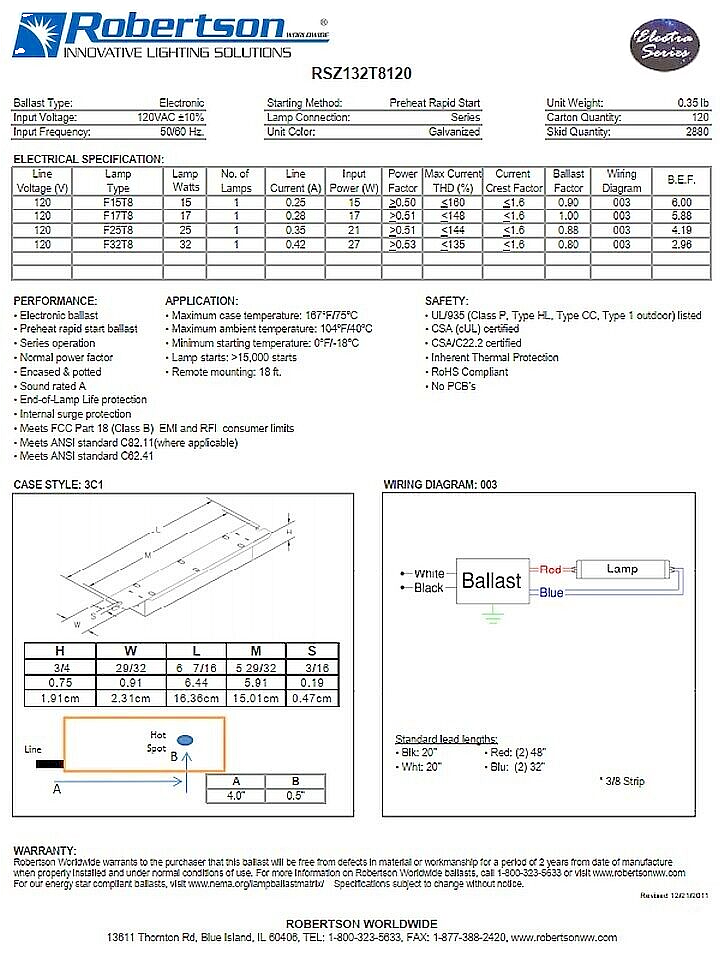 Robertson RSZ132T8120 Electronic Ballast, 120V, 50/60Hz, 0.40A UL/CSA [73-515]